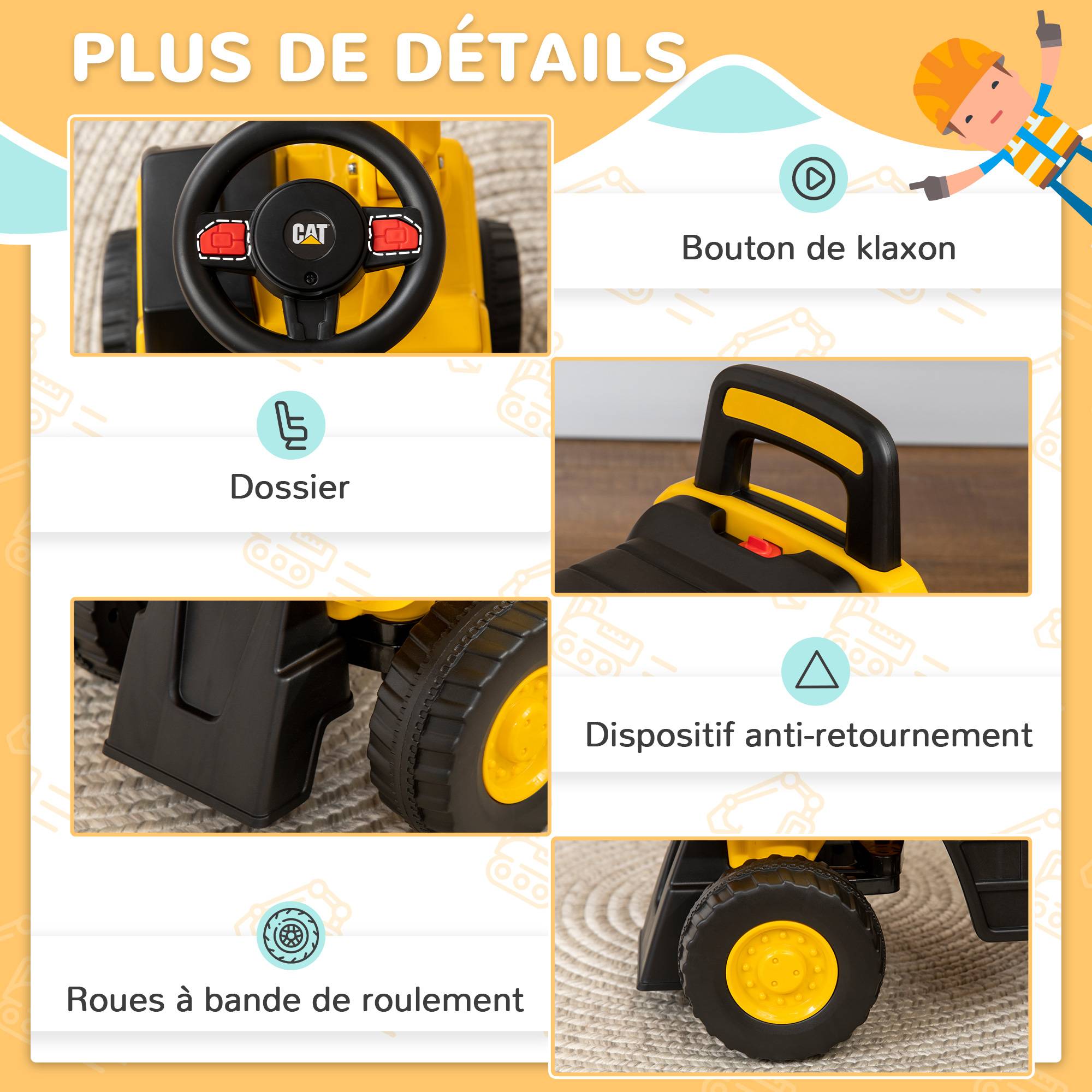 Tractopelle enfant sous licence CAT, porteur enfant, pelle manuelle, klaxon et rangement caché, 85x27,5x47,5cm, jaune - Image 9