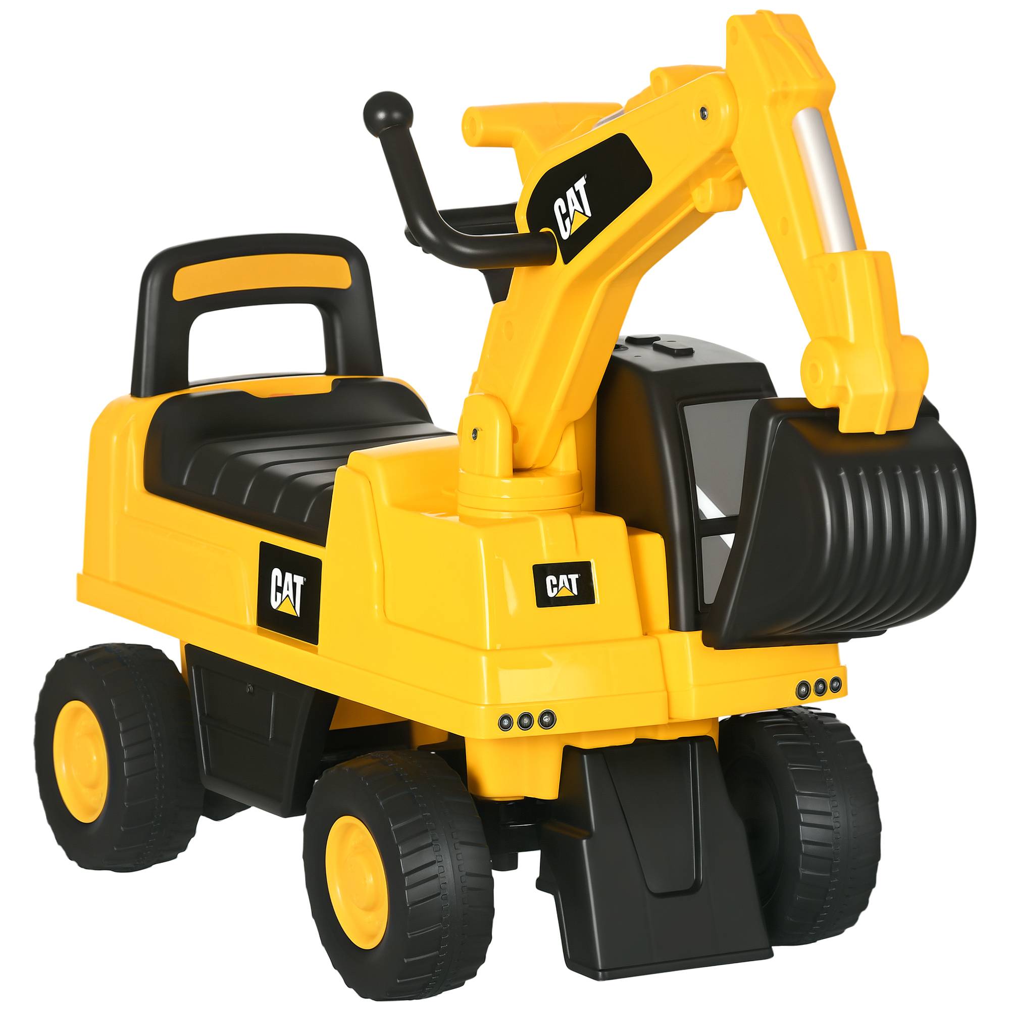 Tractopelle enfant sous licence CAT, porteur enfant, pelle manuelle, klaxon et rangement caché, 85x27,5x47,5cm, jaune - Image 1