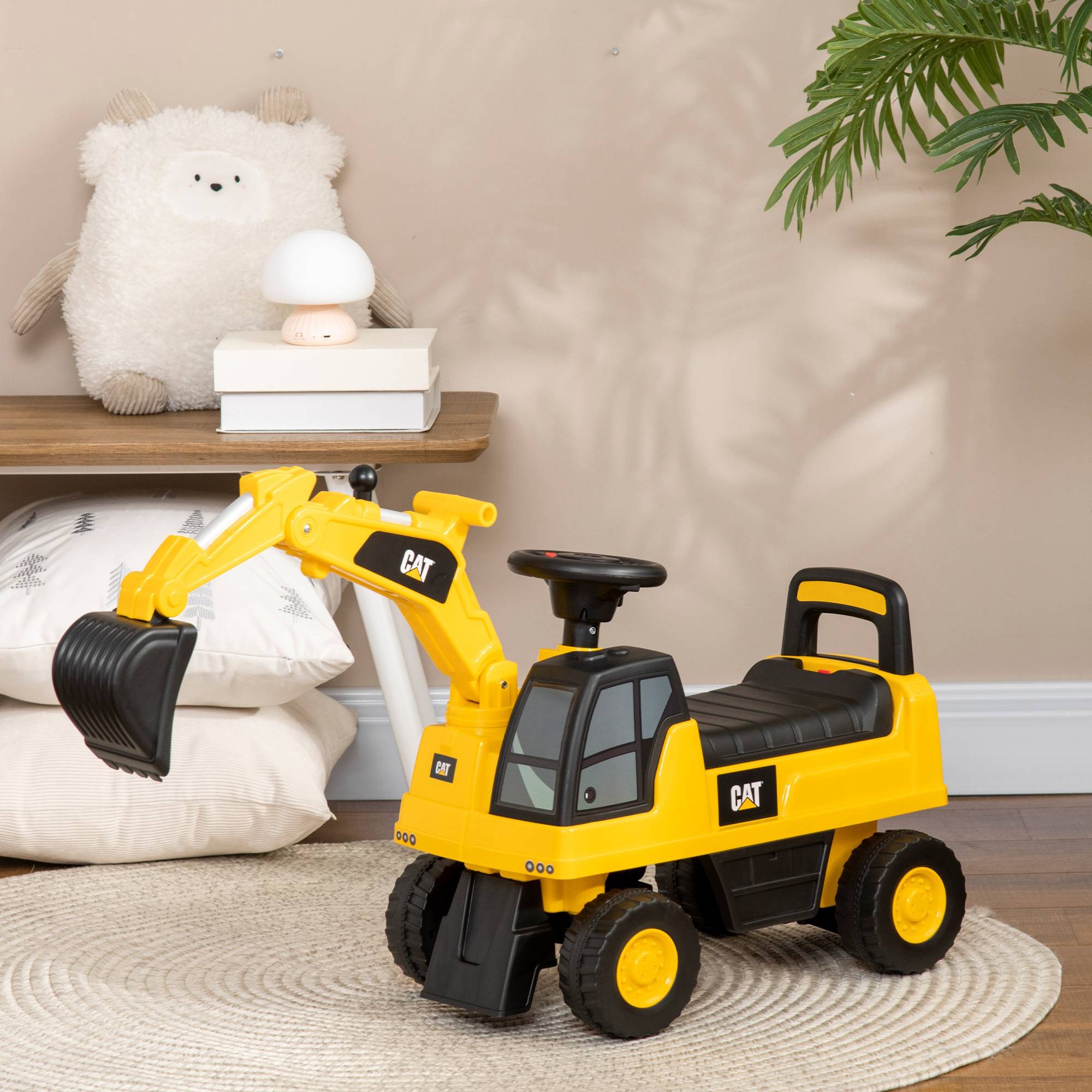Tractopelle enfant sous licence CAT, porteur enfant, pelle manuelle, klaxon et rangement caché, 85x27,5x47,5cm, jaune - Image 4