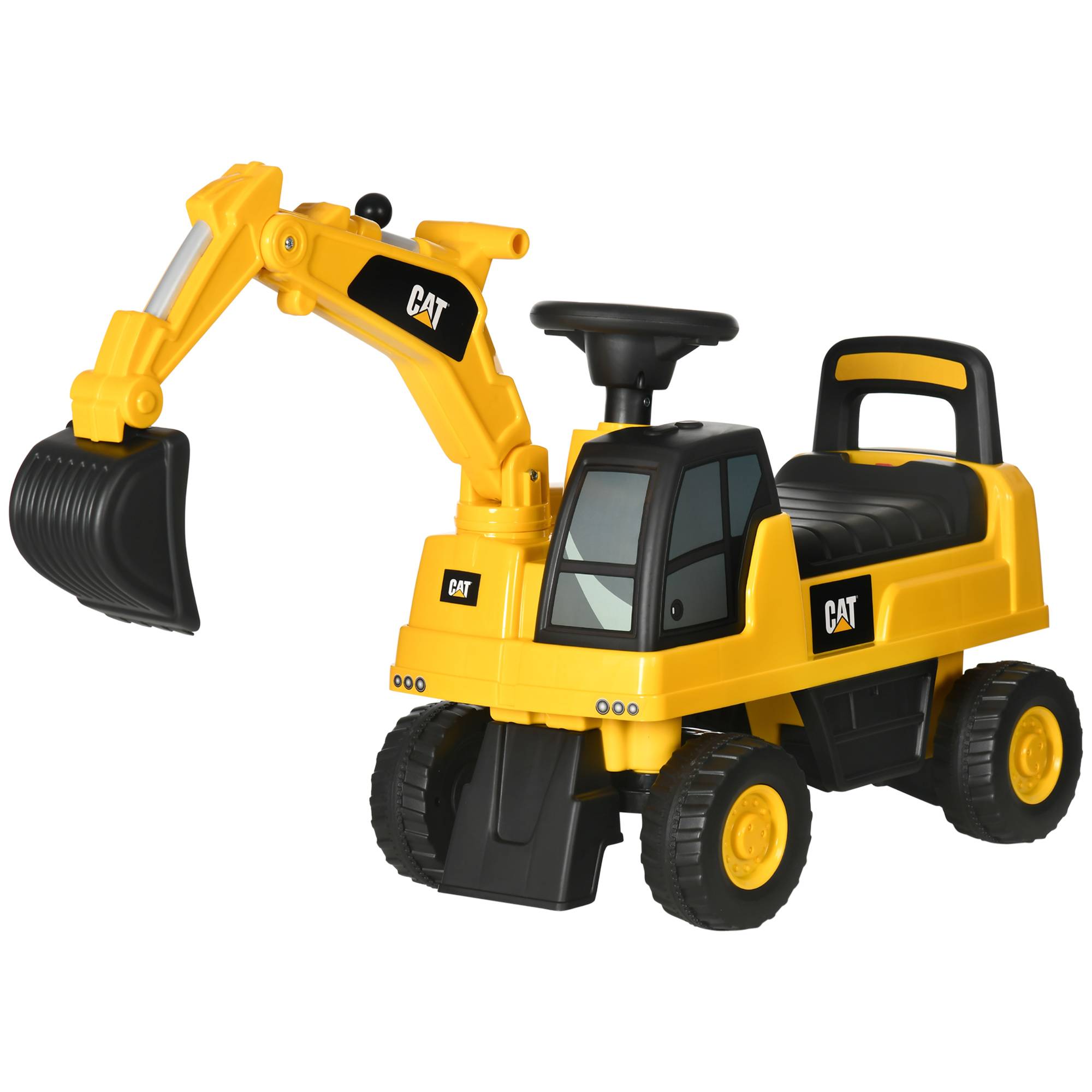 Tractopelle enfant sous licence CAT, porteur enfant, pelle manuelle, klaxon et rangement caché, 85x27,5x47,5cm, jaune - Image 2