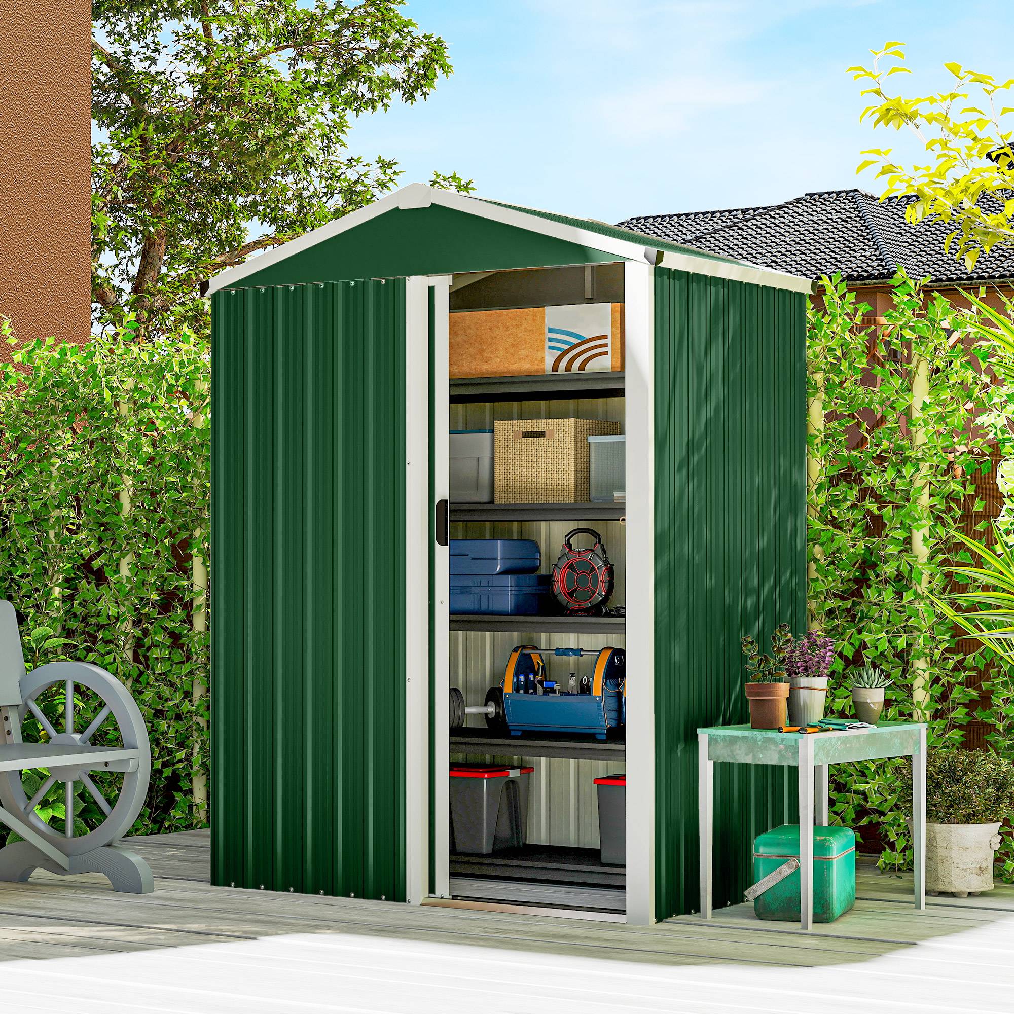 Abri de jardin acier 1,1 m² avec porte coulissante verrouillable 136x87x179 cm rangement outils vert - Image 3