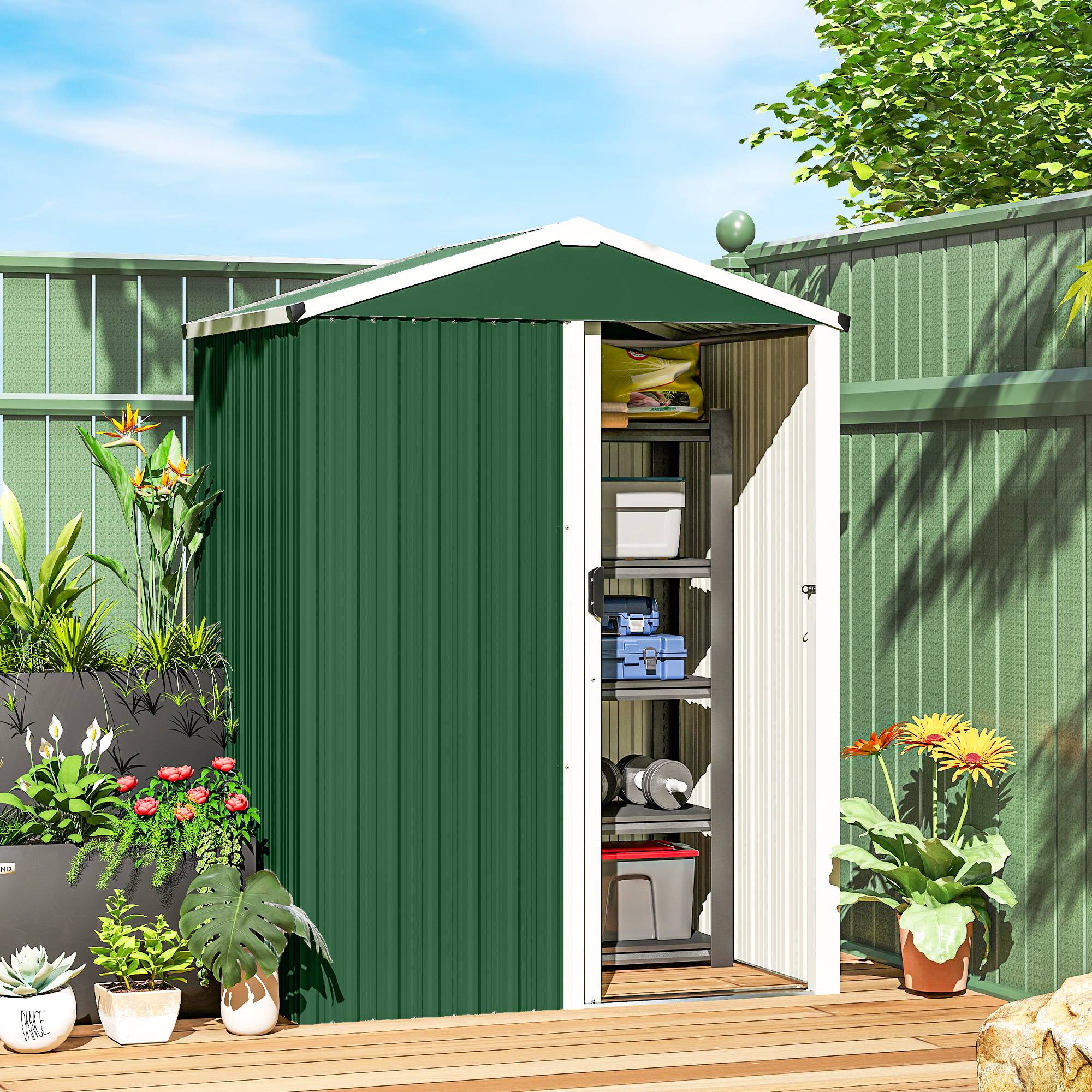 Abri de jardin acier 1,1 m² avec porte coulissante verrouillable 136x87x179 cm rangement outils vert - Image 4