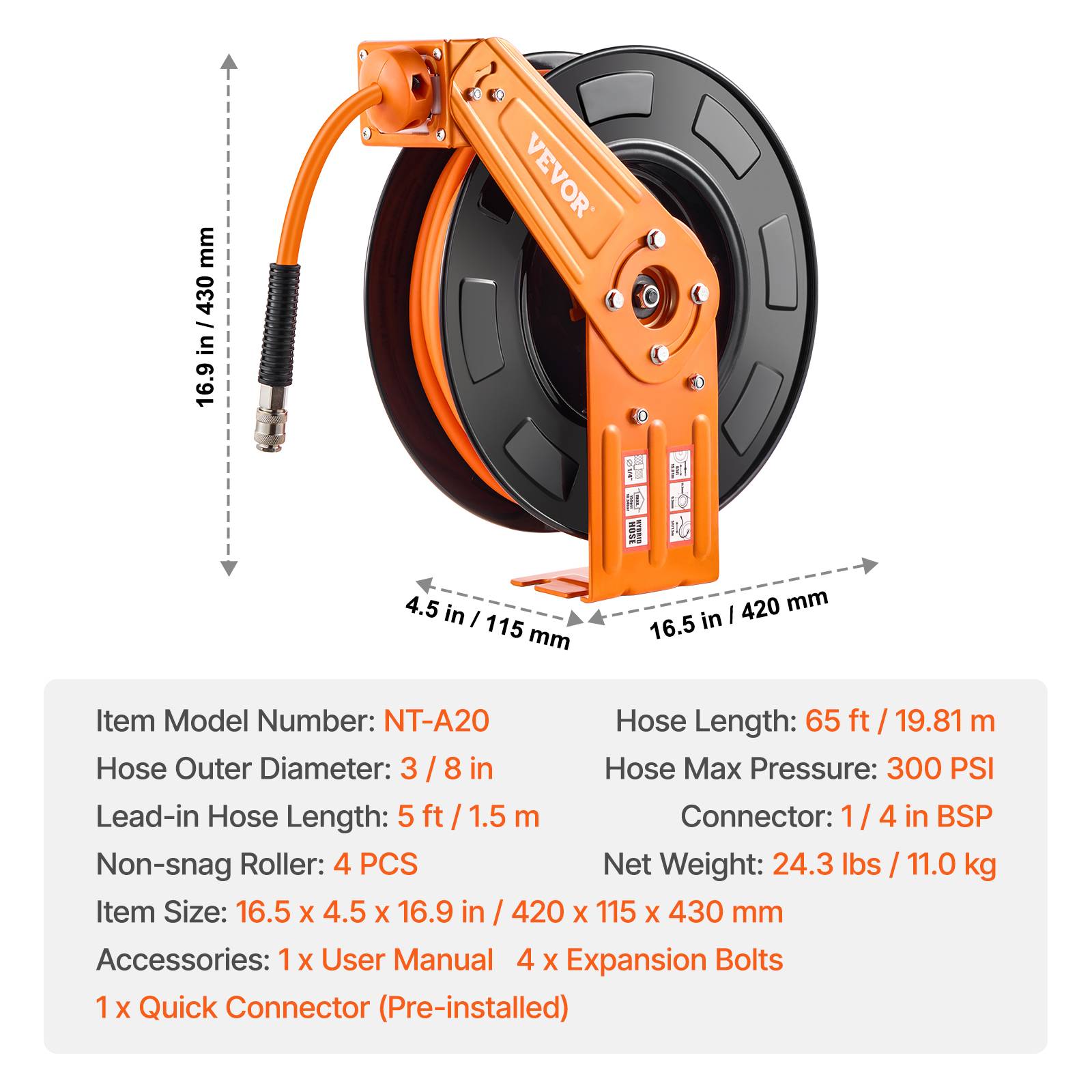 VEVOR Enrouleur tuyau air comprimé, 9,53 mm x 19,81 m. Rembobinage auto. - Image 7