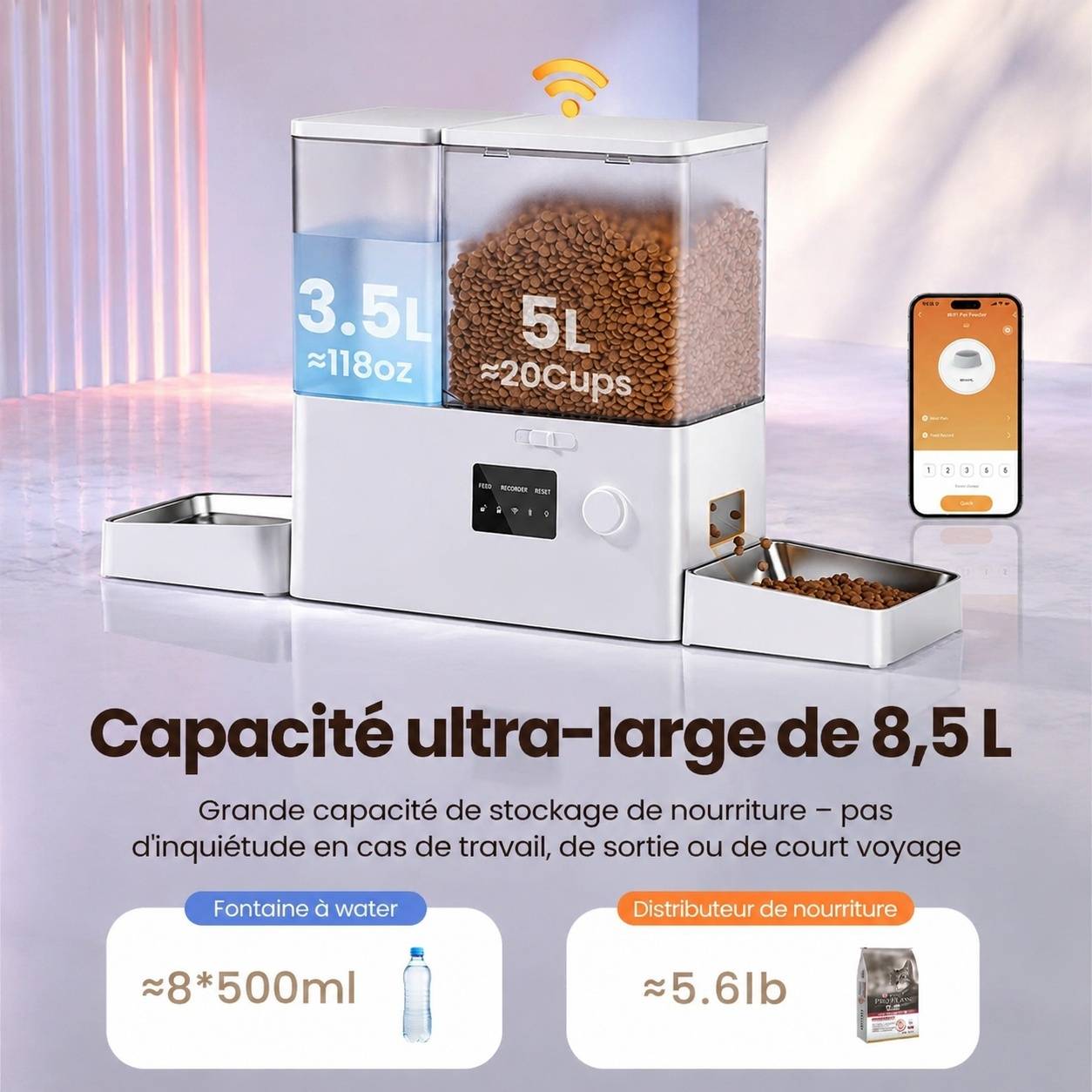 Distributeur Automatique 2 en 1 Nourriture et Eau pour Chat avec App Wifi Grande Capacité - Image 3