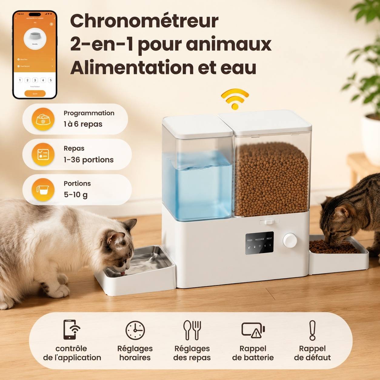 Distributeur Automatique 2 en 1 Nourriture et Eau pour Chat avec App Wifi Grande Capacité - Image 2