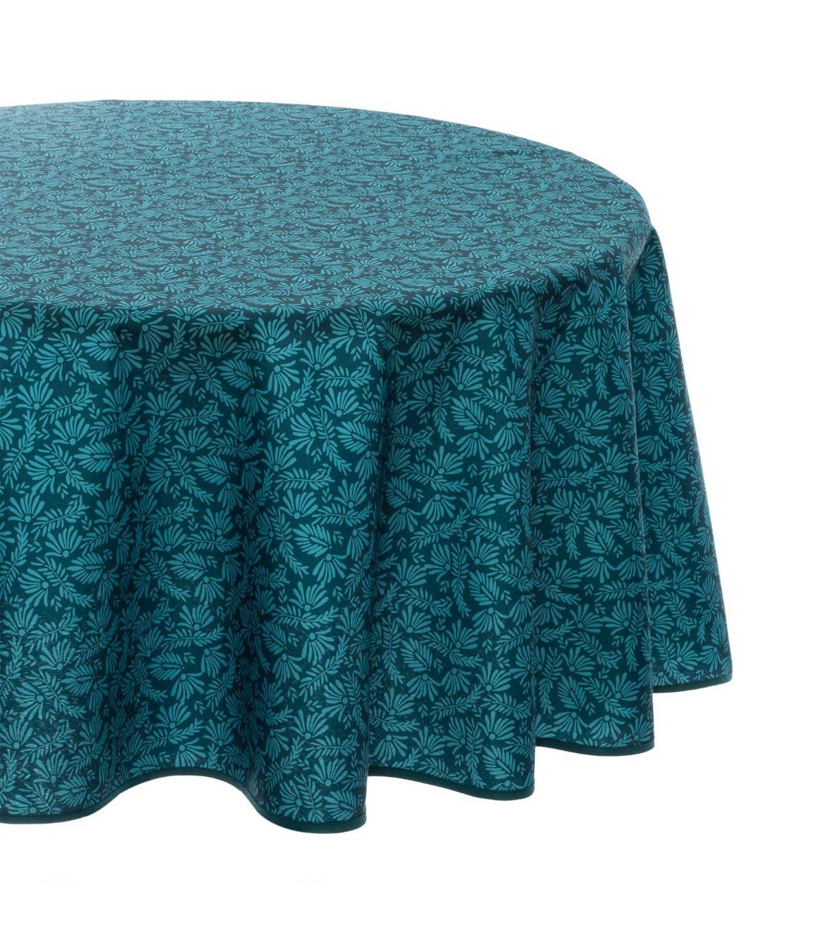 Nappe ronde anti-taches Bleu canard imprimé Feuille D 180 cm - Image 1