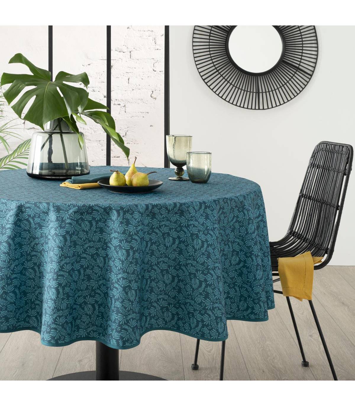 Nappe ronde anti-taches Bleu canard imprimé Feuille D 180 cm - Image 3