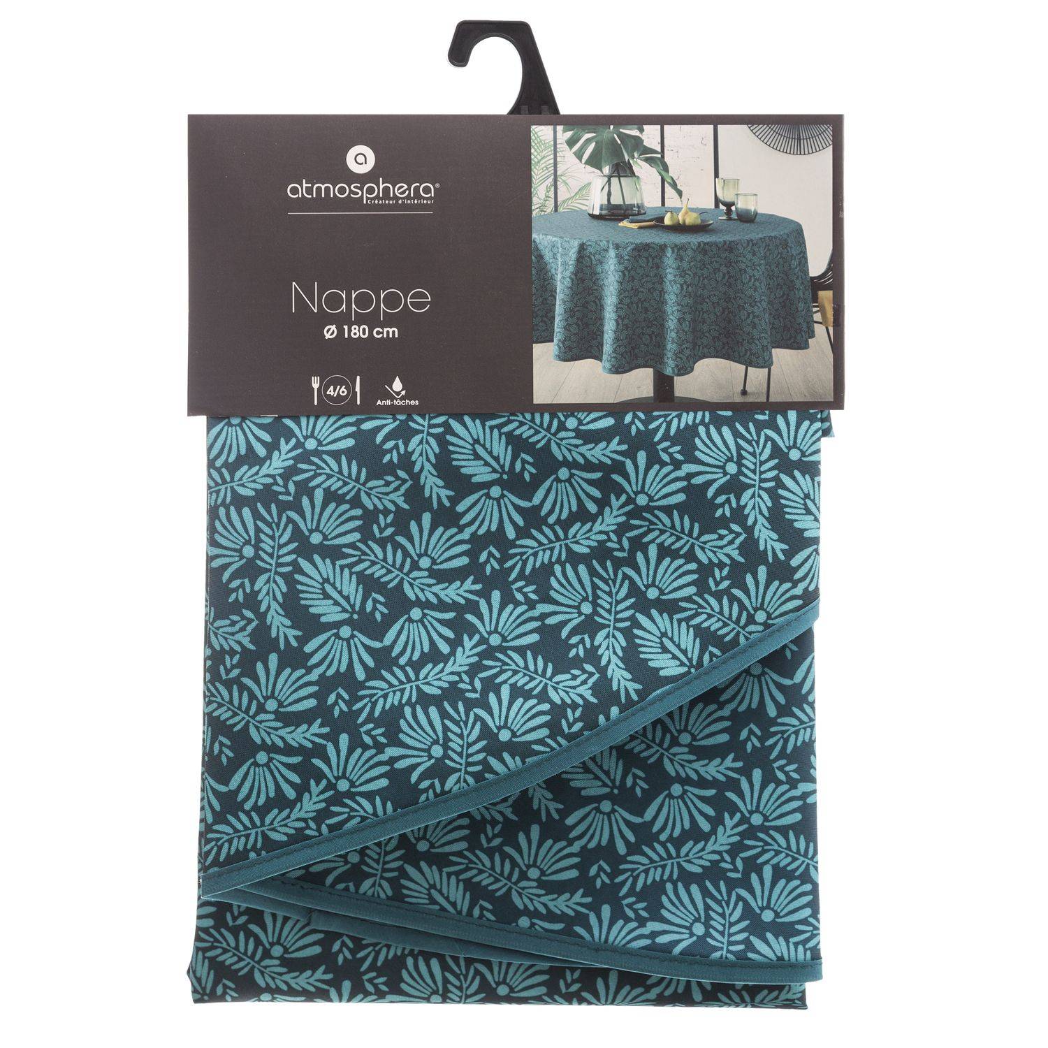 Nappe ronde anti-taches Bleu canard imprimé Feuille D 180 cm - Image 4