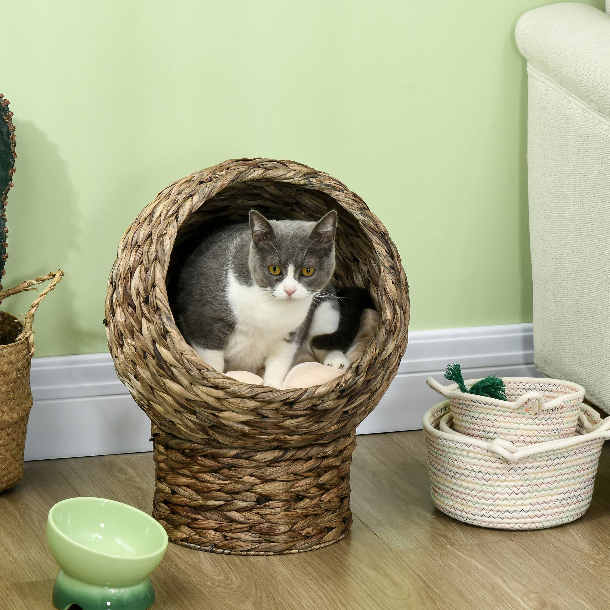 Panier pour chat en rotin, niche pour chat, maison pour chat, lit pour chat avec coussin, couchage pour animal de compagnie,40 x 37 x 51 cm - Image 3