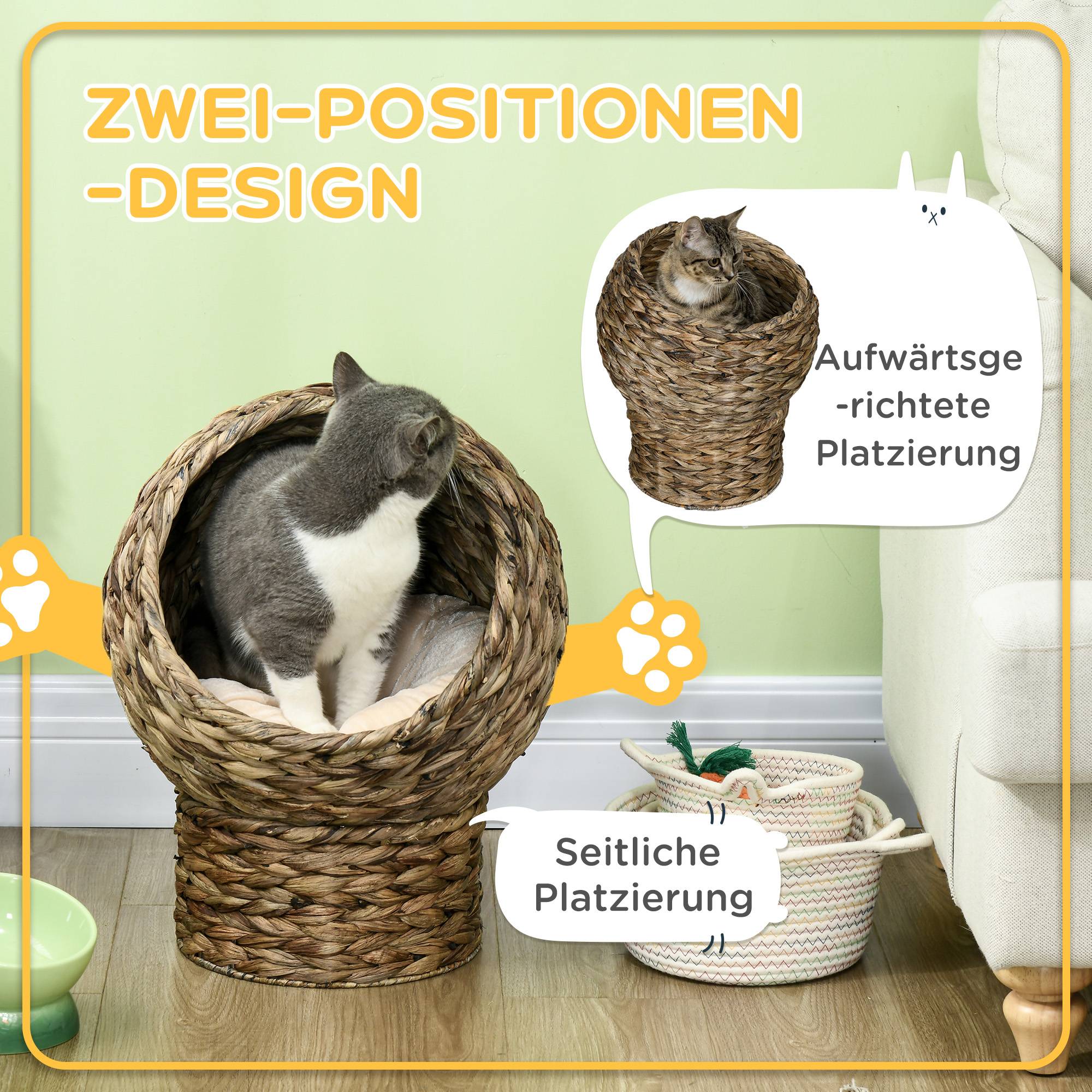 Panier pour chat en rotin, niche pour chat, maison pour chat, lit pour chat avec coussin, couchage pour animal de compagnie,40 x 37 x 51 cm - Image 6