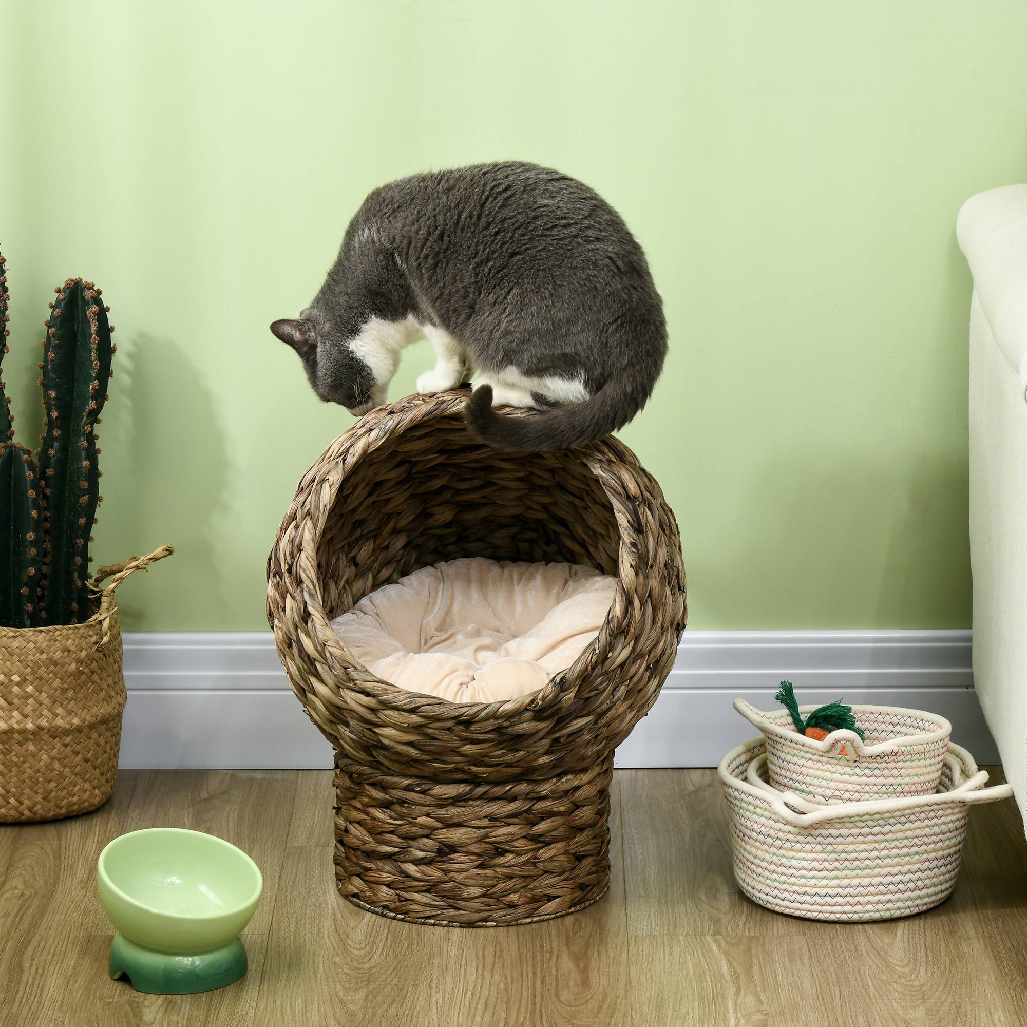 Panier pour chat en rotin, niche pour chat, maison pour chat, lit pour chat avec coussin, couchage pour animal de compagnie,40 x 37 x 51 cm - Image 9
