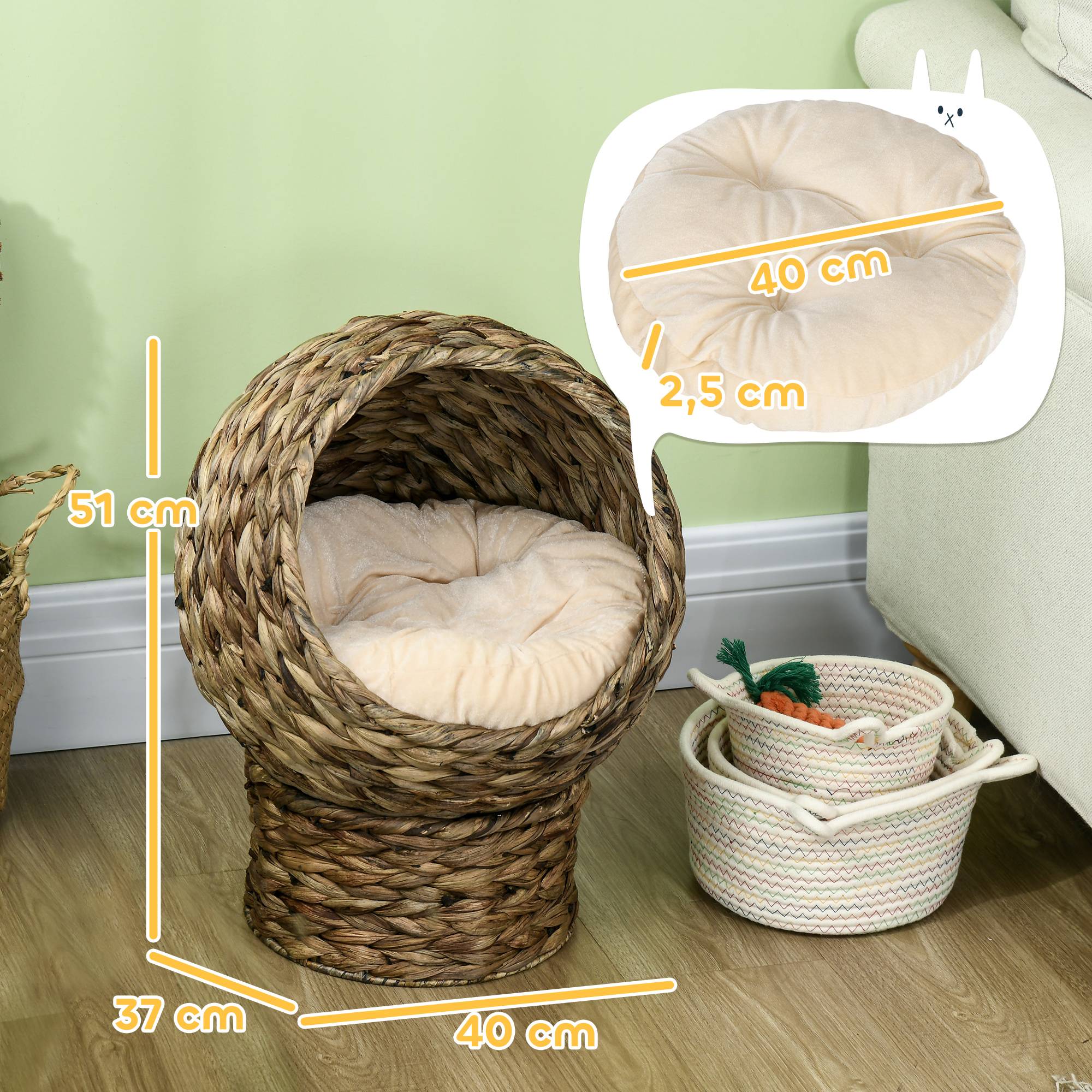 Panier pour chat en rotin, niche pour chat, maison pour chat, lit pour chat avec coussin, couchage pour animal de compagnie,40 x 37 x 51 cm - Image 5