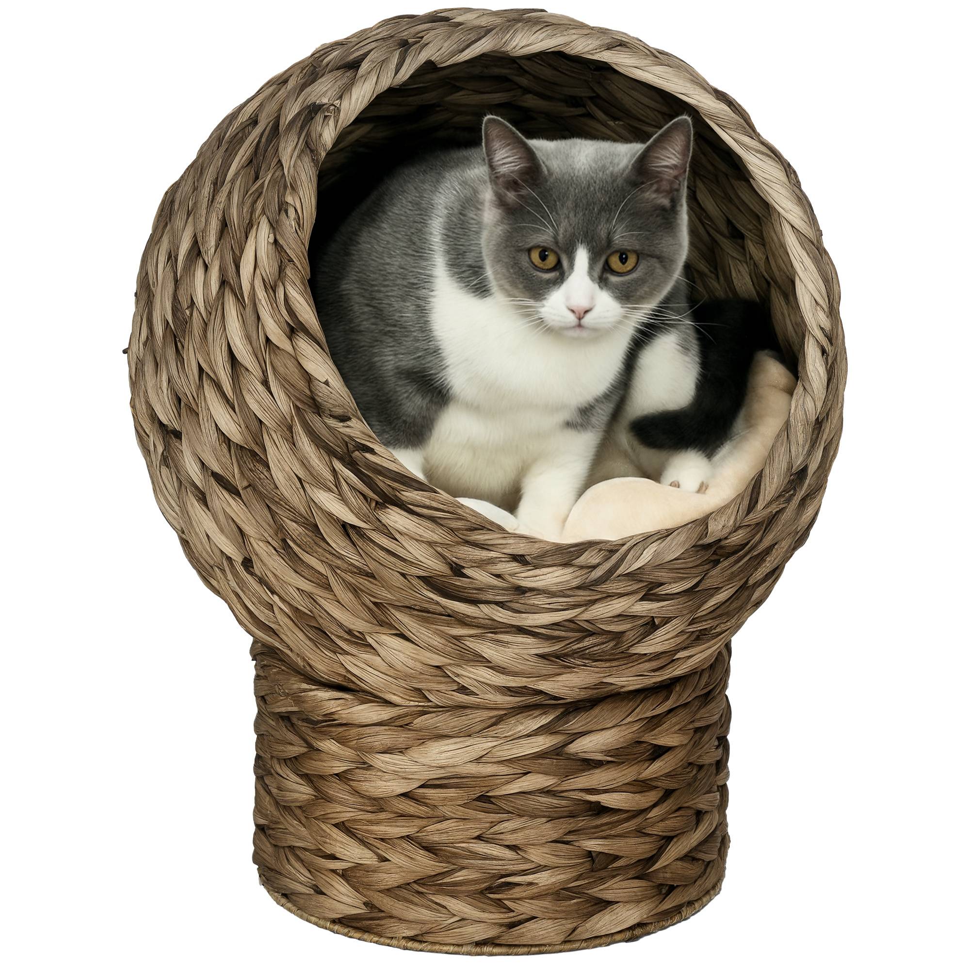Panier pour chat en rotin, niche pour chat, maison pour chat, lit pour chat avec coussin, couchage pour animal de compagnie,40 x 37 x 51 cm - Image 1