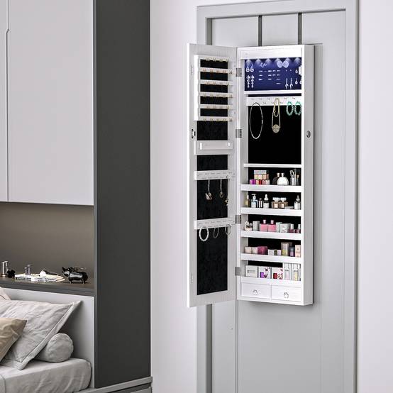 Sans Marque - Armoire à bijoux suspendue au mur ou à la porte avec miroir, LED, 5 étagères, 2 tiroirs, 37x10x120cm, effet bois grisé - Image 3