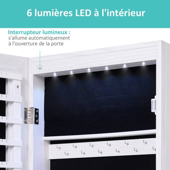 Sans Marque - Armoire à bijoux suspendue au mur ou à la porte avec miroir, LED, 5 étagères, 2 tiroirs, 37x10x120cm, effet bois grisé - Image 6