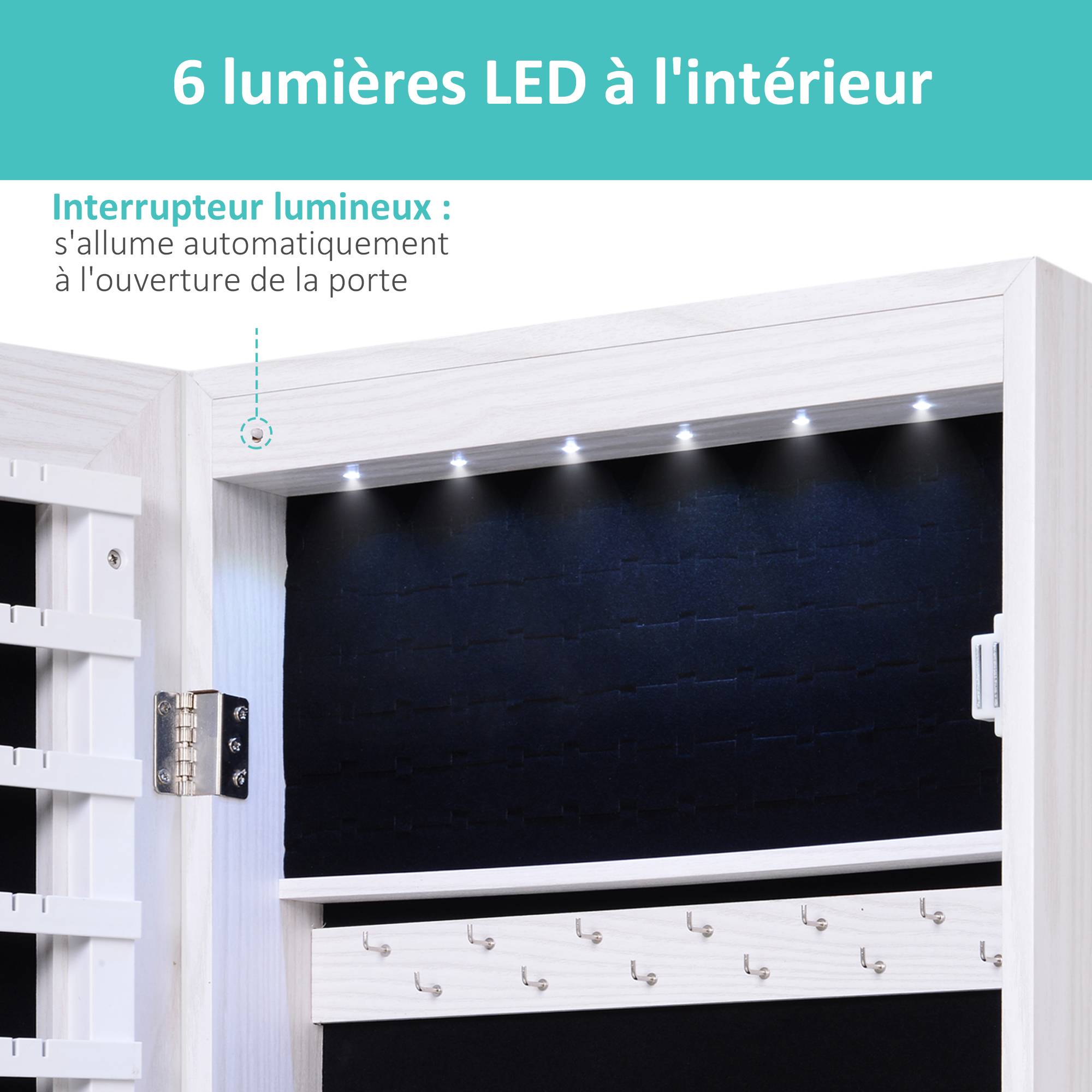 Sans Marque - Armoire à bijoux suspendue au mur ou à la porte avec miroir, LED, 5 étagères, 2 tiroirs, 37x10x120cm, effet bois grisé - Image 6