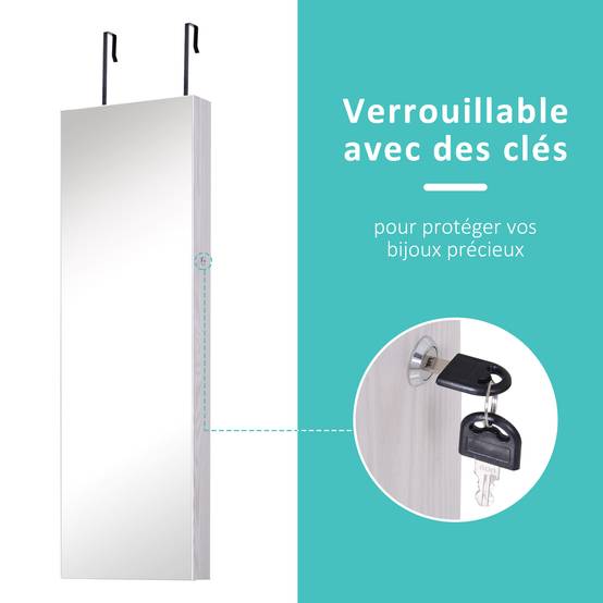 Sans Marque - Armoire à bijoux suspendue au mur ou à la porte avec miroir, LED, 5 étagères, 2 tiroirs, 37x10x120cm, effet bois grisé - Image 7