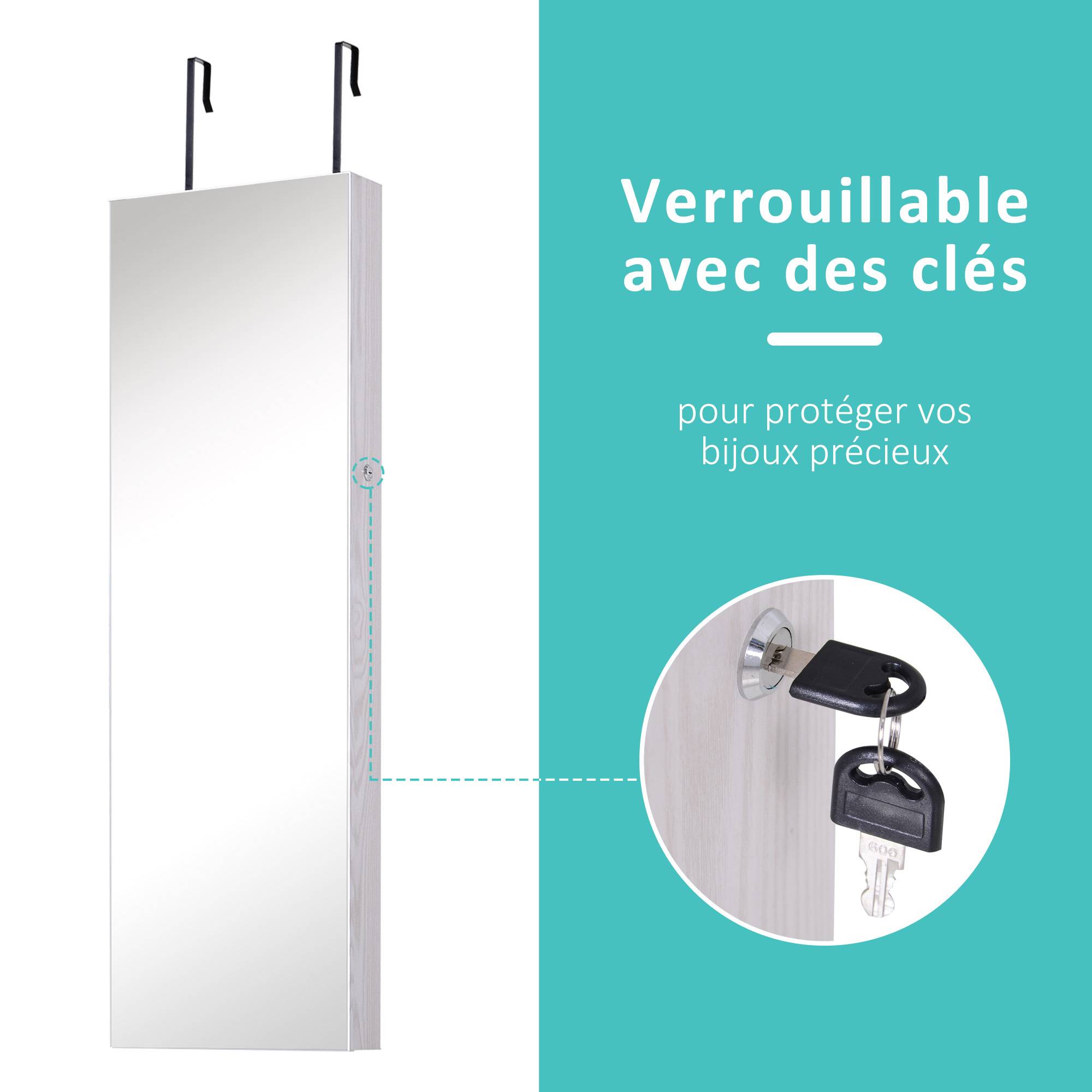 Sans Marque - Armoire à bijoux suspendue au mur ou à la porte avec miroir, LED, 5 étagères, 2 tiroirs, 37x10x120cm, effet bois grisé - Image 7