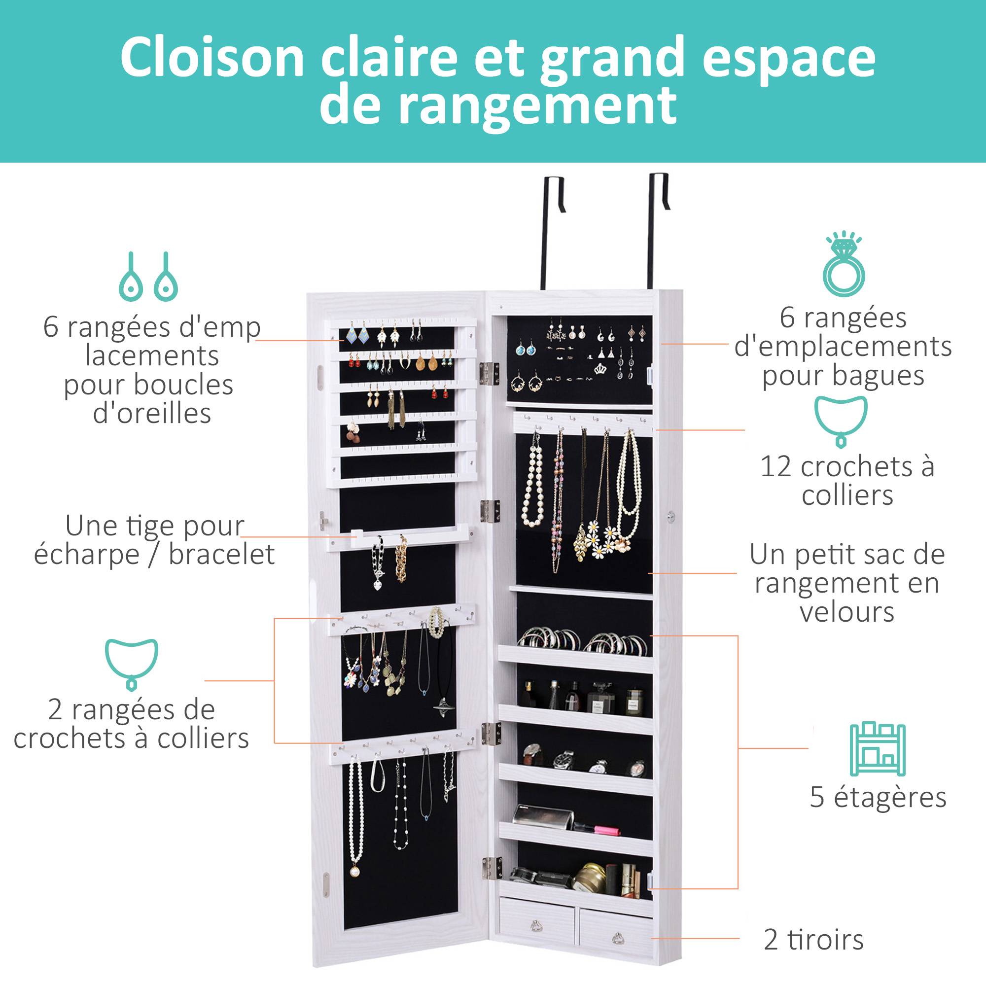Sans Marque - Armoire à bijoux suspendue au mur ou à la porte avec miroir, LED, 5 étagères, 2 tiroirs, 37x10x120cm, effet bois grisé - Image 8