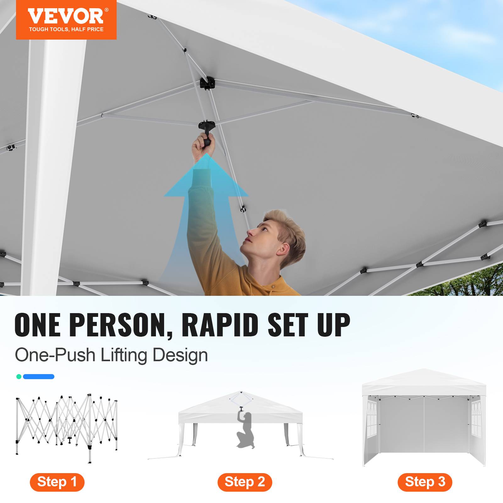 Vevor - VEVOR Tonnelle pop-up 2.95x2.95 m, portable, parois latérales, abri solaire jardin/événements, blanc. - Image 2