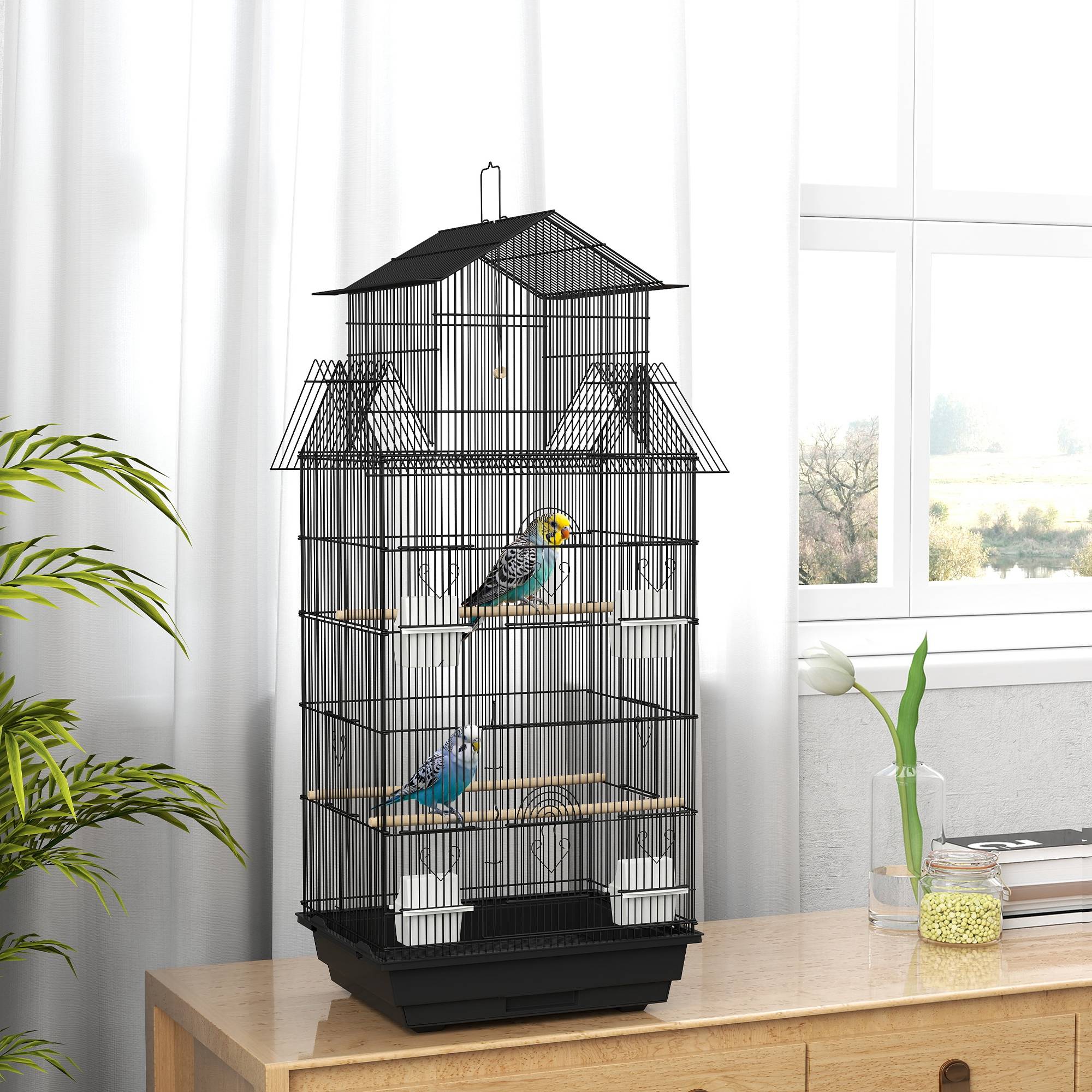 Sans Marque - Cage à oiseaux volière avec balançoire poignée portable 4 mangeoires 3 perchoirs 50,5 x 41 x 104 cm en acier noir - Image 4