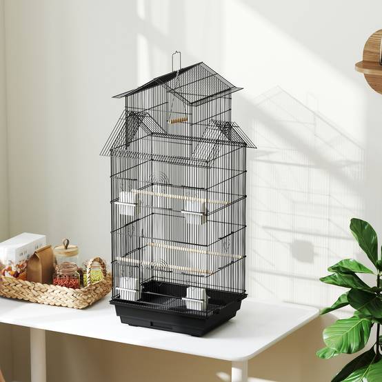 Sans Marque - Cage à oiseaux volière avec balançoire poignée portable 4 mangeoires 3 perchoirs 50,5 x 41 x 104 cm en acier noir - Image 10