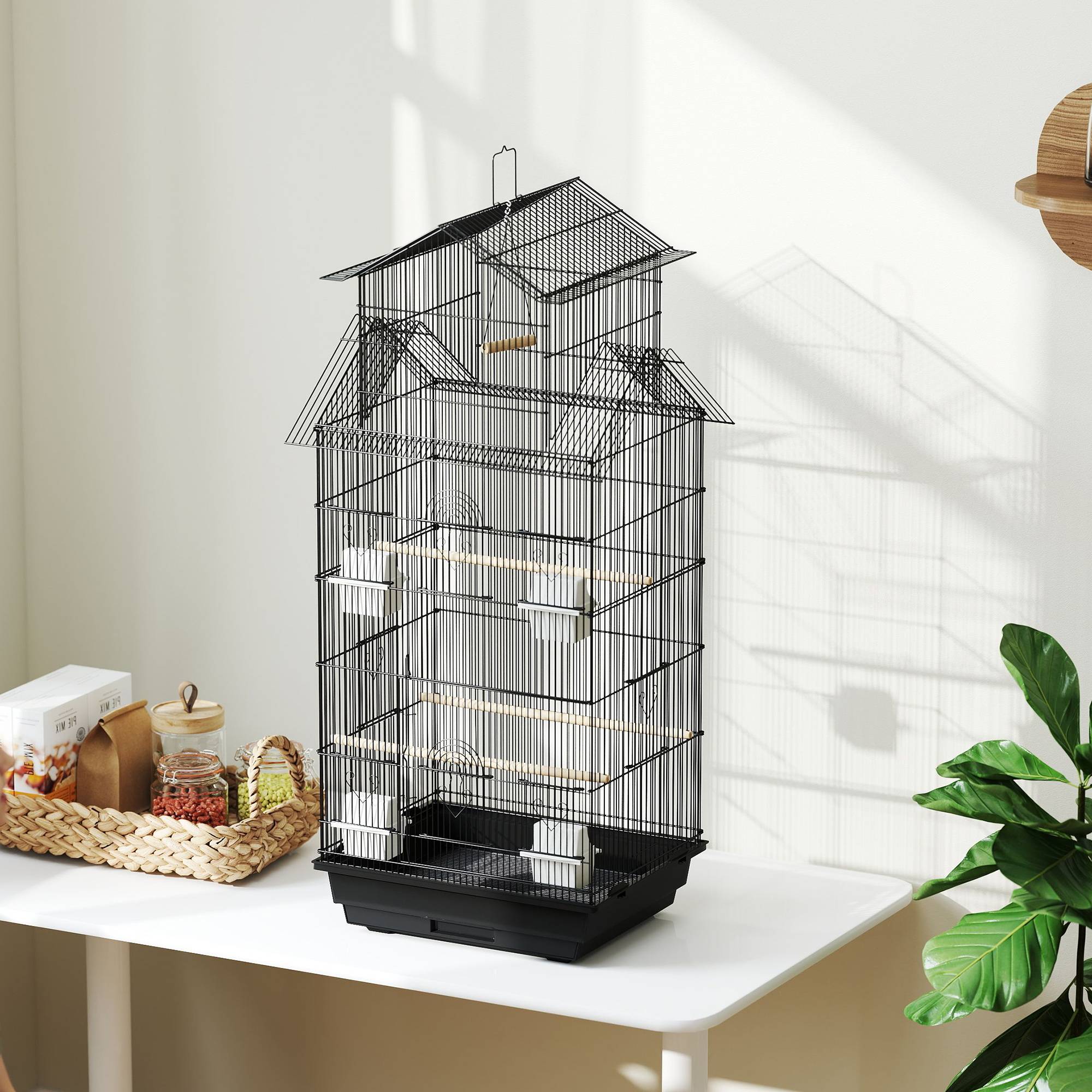 Sans Marque - Cage à oiseaux volière avec balançoire poignée portable 4 mangeoires 3 perchoirs 50,5 x 41 x 104 cm en acier noir - Image 10
