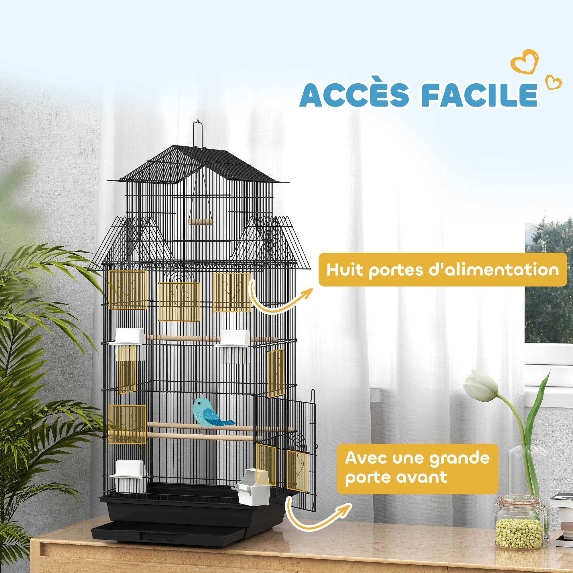 Sans Marque - Cage à oiseaux volière avec balançoire poignée portable 4 mangeoires 3 perchoirs 50,5 x 41 x 104 cm en acier noir - Image 8