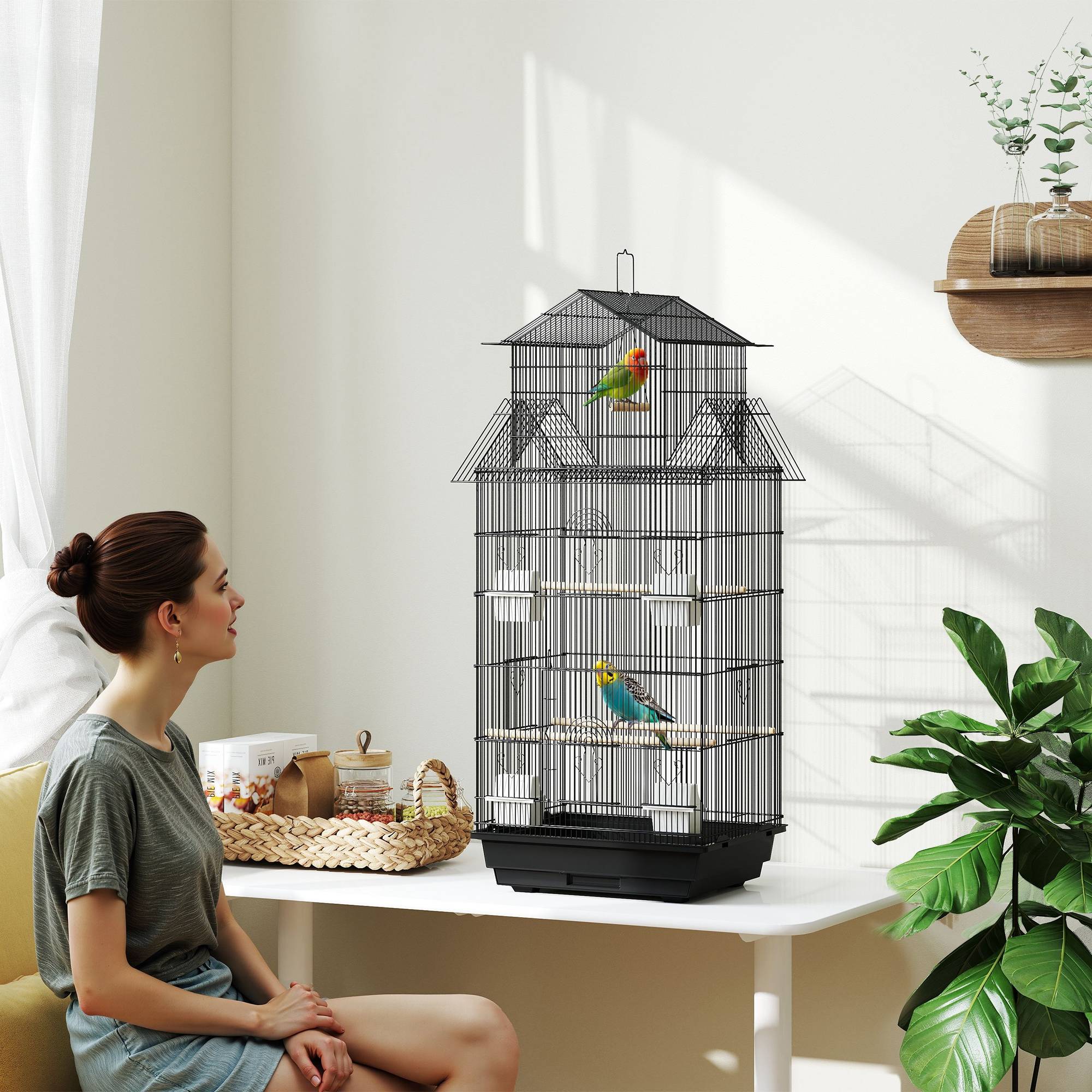 Sans Marque - Cage à oiseaux volière avec balançoire poignée portable 4 mangeoires 3 perchoirs 50,5 x 41 x 104 cm en acier noir - Image 3