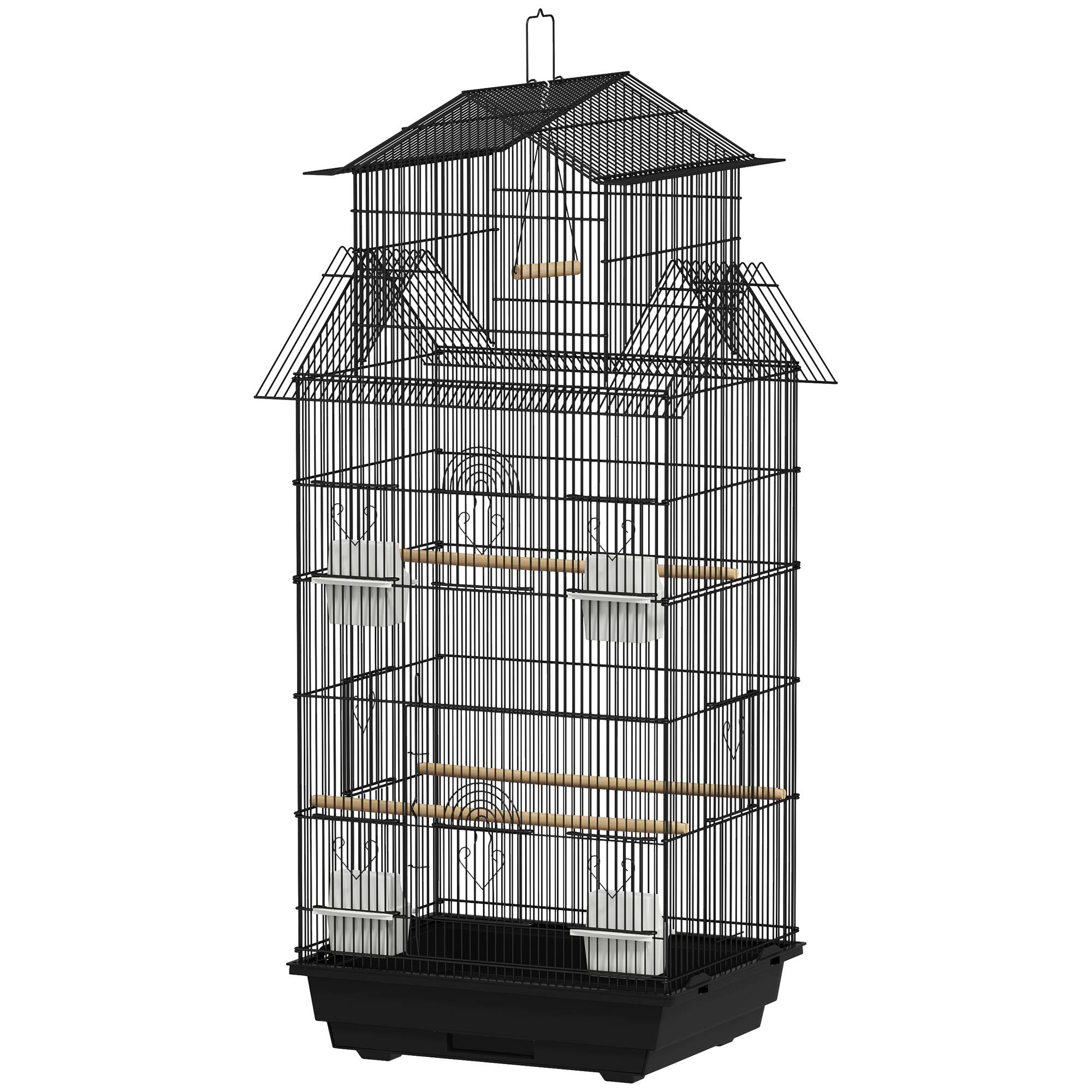 Sans Marque - Cage à oiseaux volière avec balançoire poignée portable 4 mangeoires 3 perchoirs 50,5 x 41 x 104 cm en acier noir - Image 2
