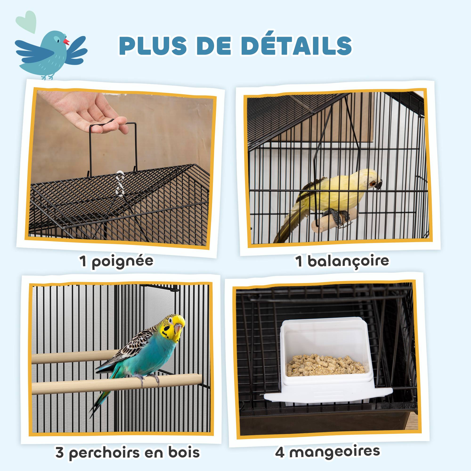 Sans Marque - Cage à oiseaux volière avec balançoire poignée portable 4 mangeoires 3 perchoirs 50,5 x 41 x 104 cm en acier noir - Image 6