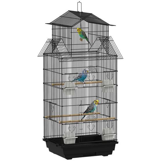 Sans Marque - Cage à oiseaux volière avec balançoire poignée portable 4 mangeoires 3 perchoirs 50,5 x 41 x 104 cm en acier noir - Image 1
