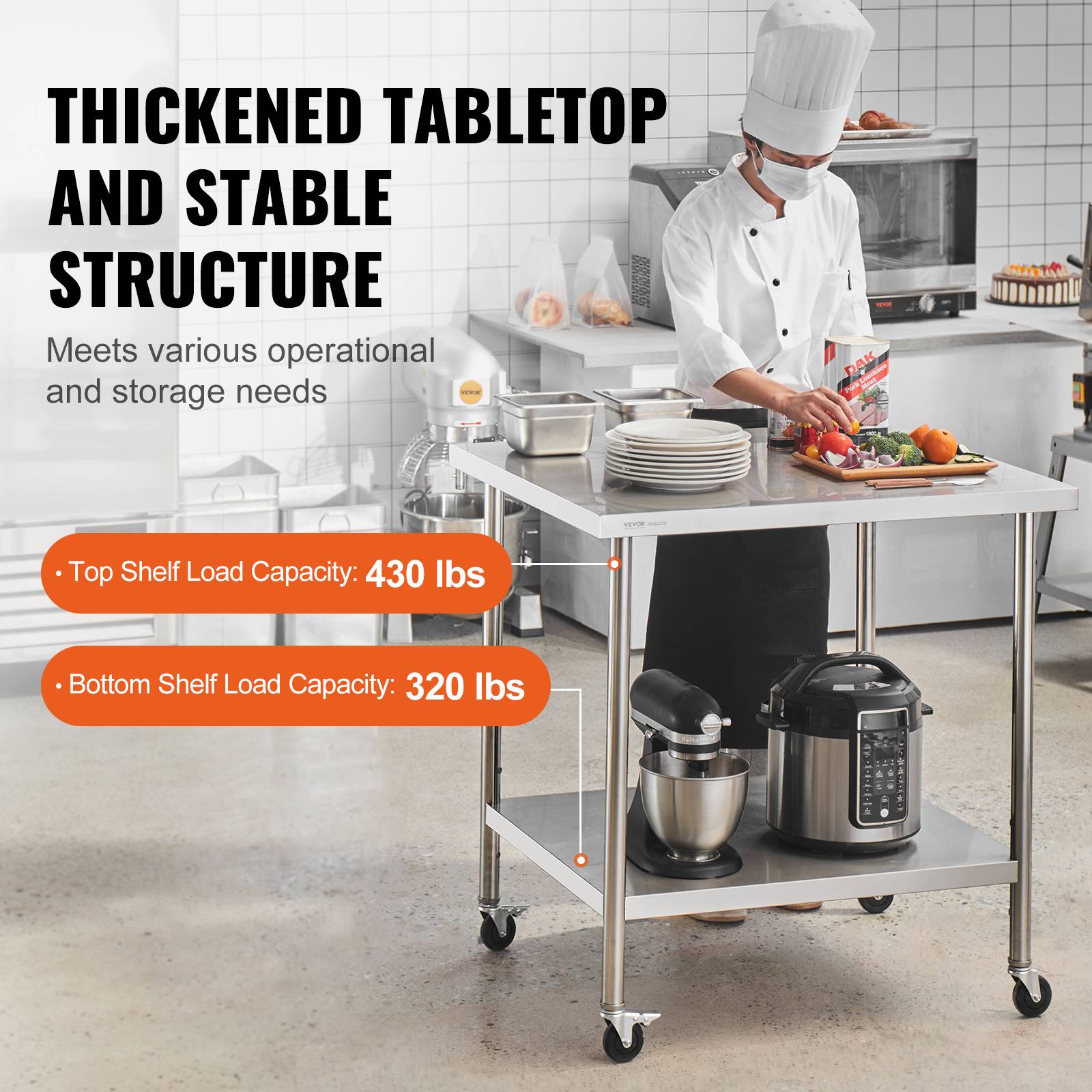 Vevor - VEVOR Table préparation inox 24x36x38 pouces, 4 roulettes, 3 réglages hauteur, pour restaurant. - Image 3