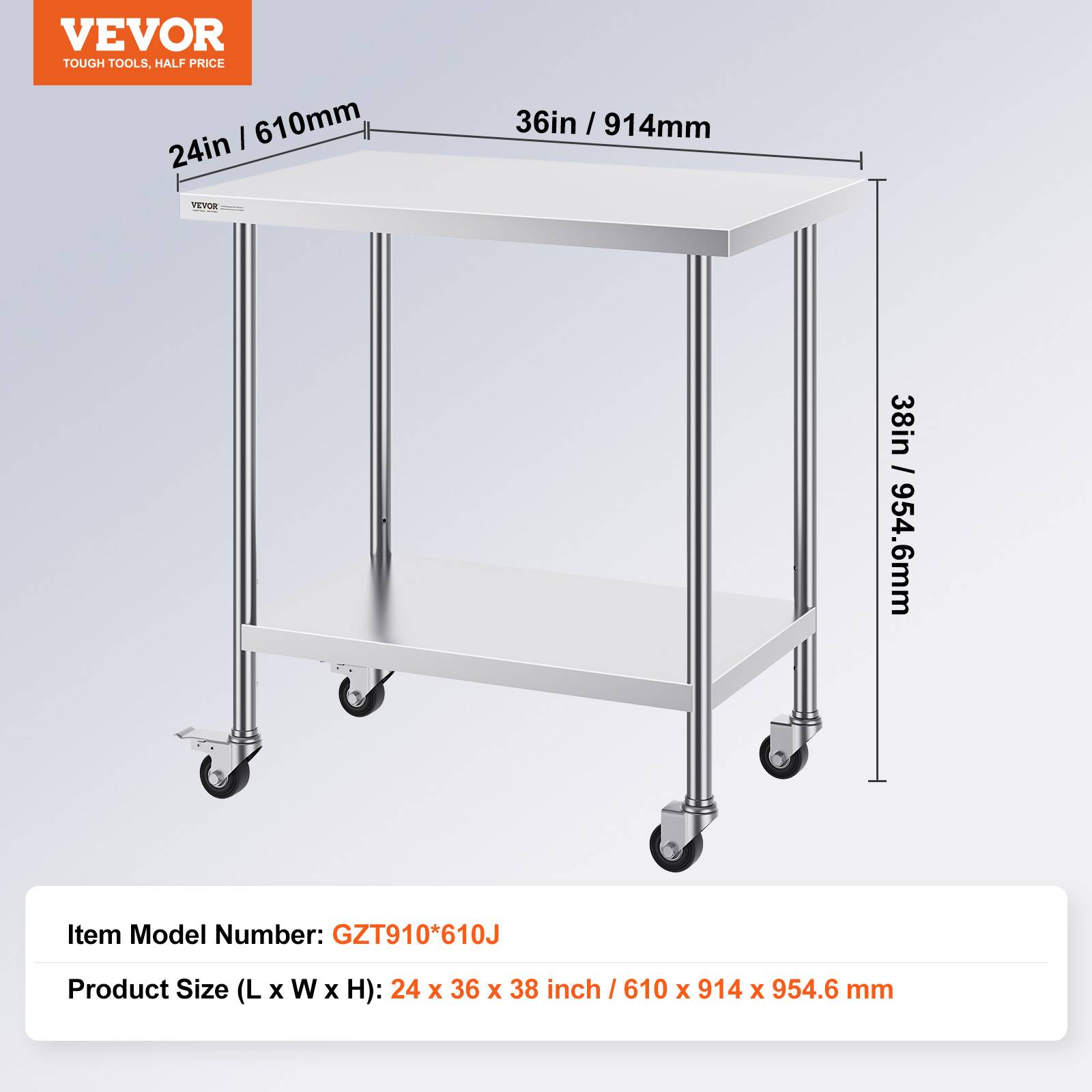Vevor - VEVOR Table préparation inox 24x36x38 pouces, 4 roulettes, 3 réglages hauteur, pour restaurant. - Image 7