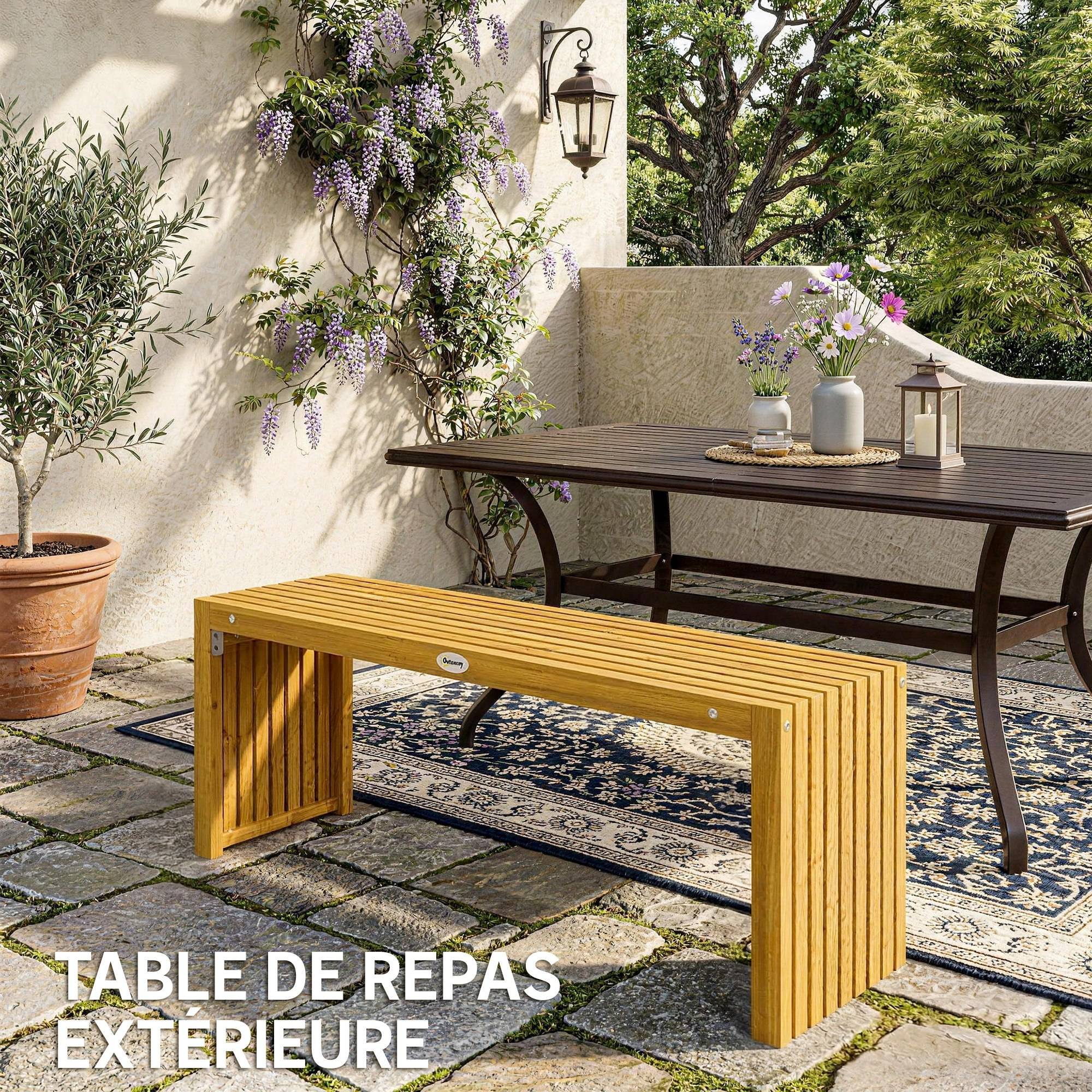 Banc de Jardin en Bois d'Acacia sans Dossier 2 Places, Assise à Lattes Effet Bois, 110x30x45cm, Bois naturel - Image 8