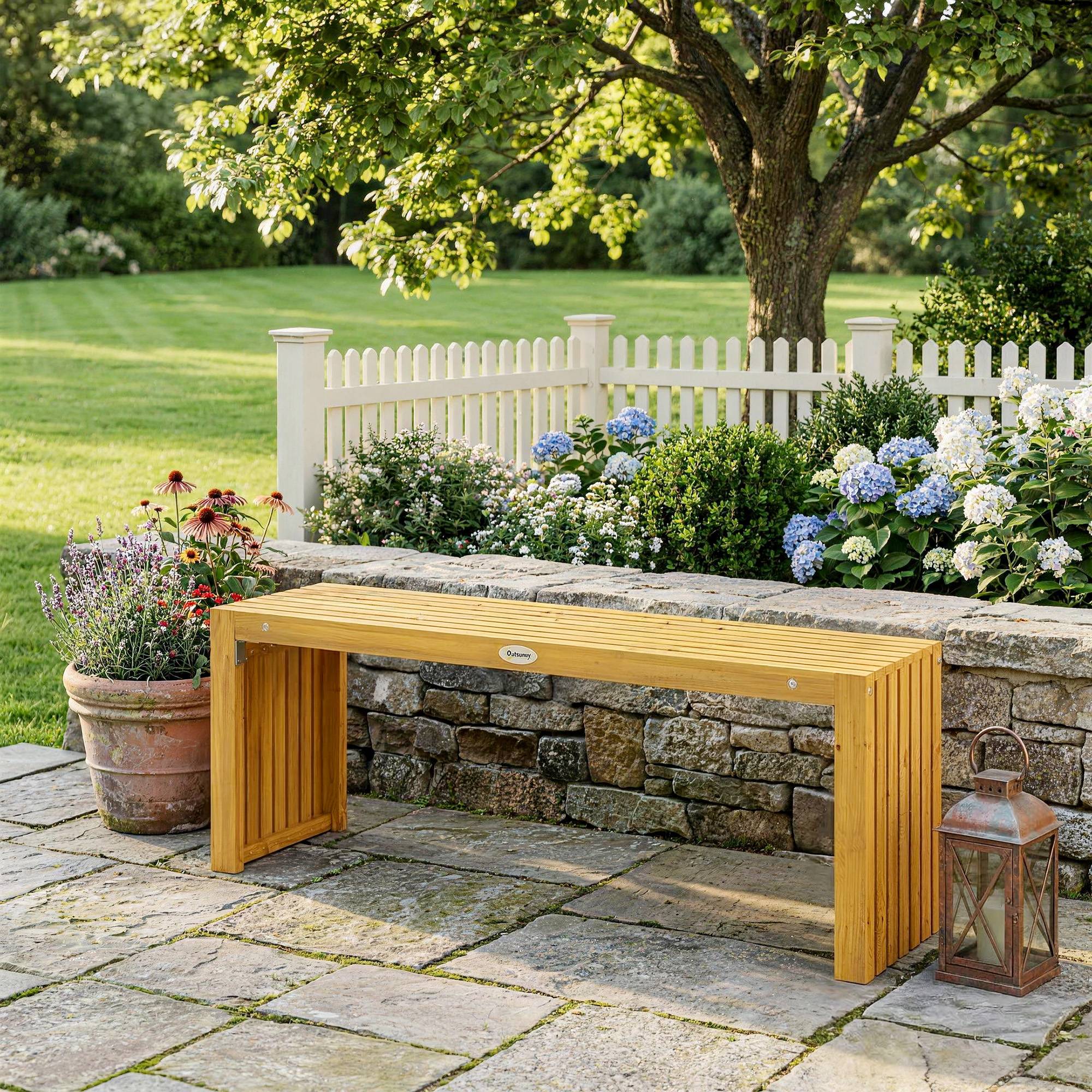 Banc de Jardin en Bois d'Acacia sans Dossier 2 Places, Assise à Lattes Effet Bois, 110x30x45cm, Bois naturel - Image 4