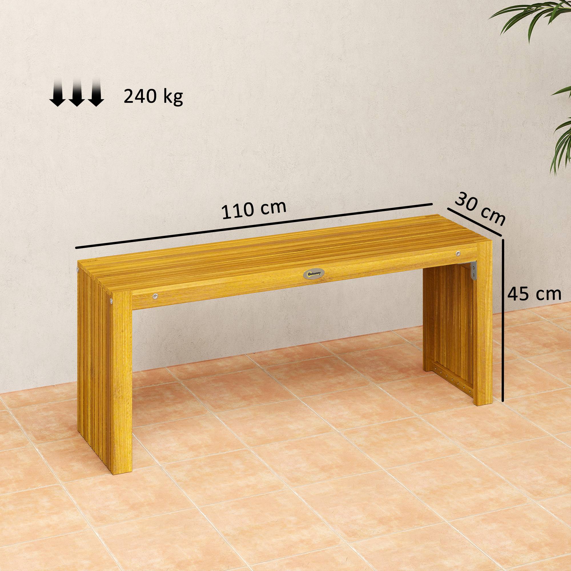 Banc de Jardin en Bois d'Acacia sans Dossier 2 Places, Assise à Lattes Effet Bois, 110x30x45cm, Bois naturel - Image 5