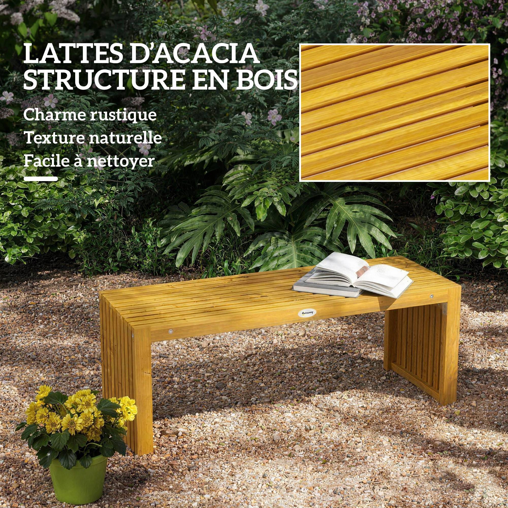 Banc de Jardin en Bois d'Acacia sans Dossier 2 Places, Assise à Lattes Effet Bois, 110x30x45cm, Bois naturel - Image 7