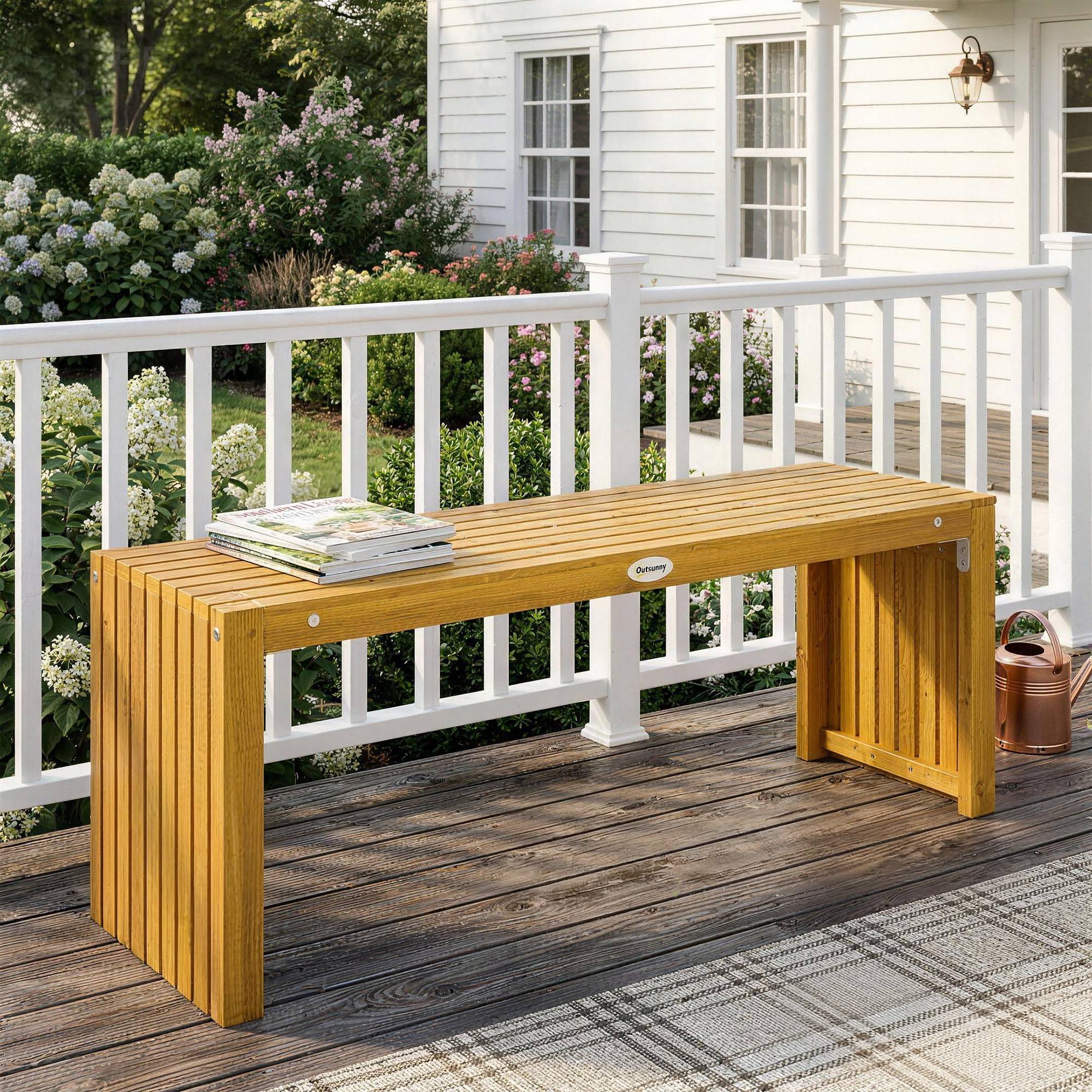 Banc de Jardin en Bois d'Acacia sans Dossier 2 Places, Assise à Lattes Effet Bois, 110x30x45cm, Bois naturel - Image 10