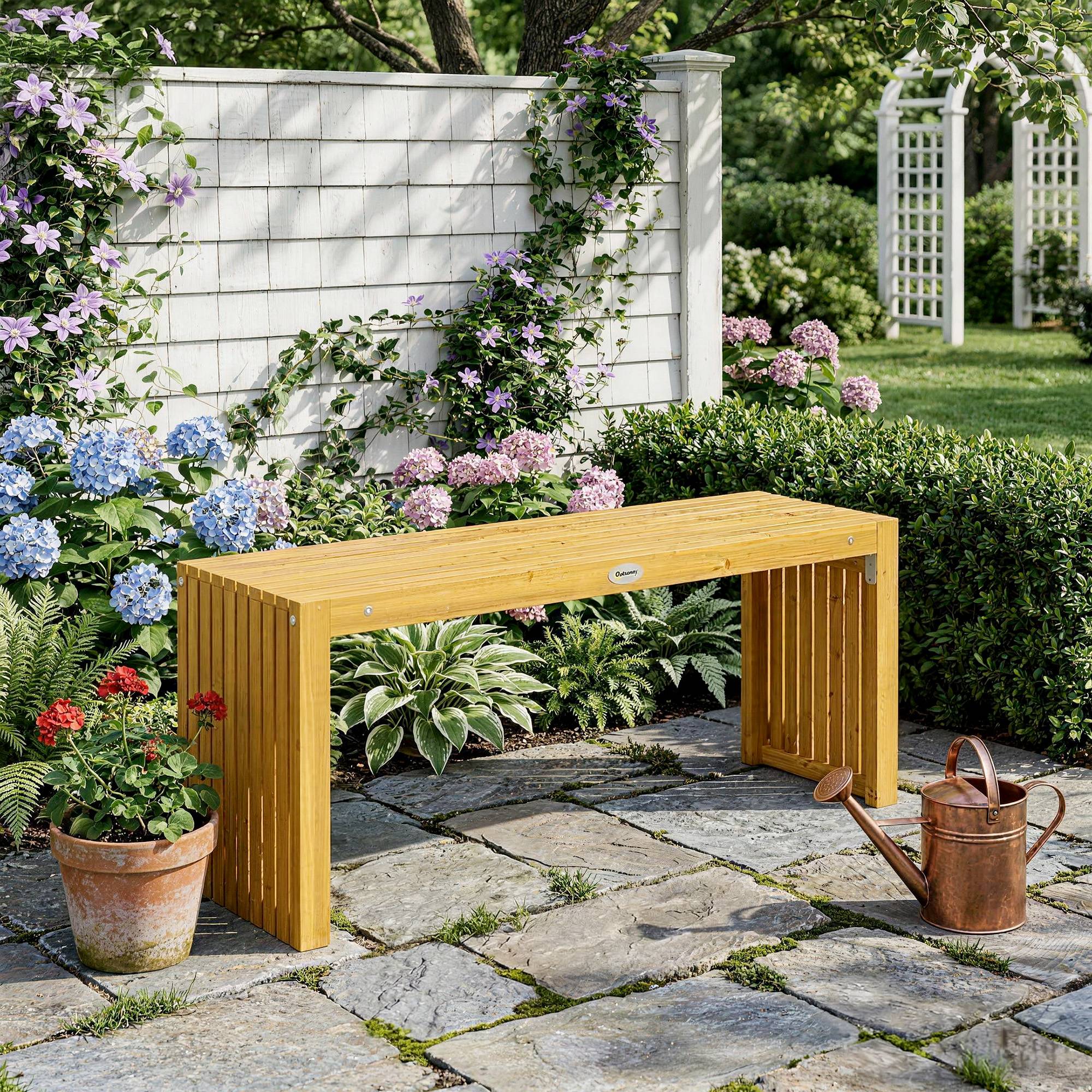 Banc de Jardin en Bois d'Acacia sans Dossier 2 Places, Assise à Lattes Effet Bois, 110x30x45cm, Bois naturel - Image 3