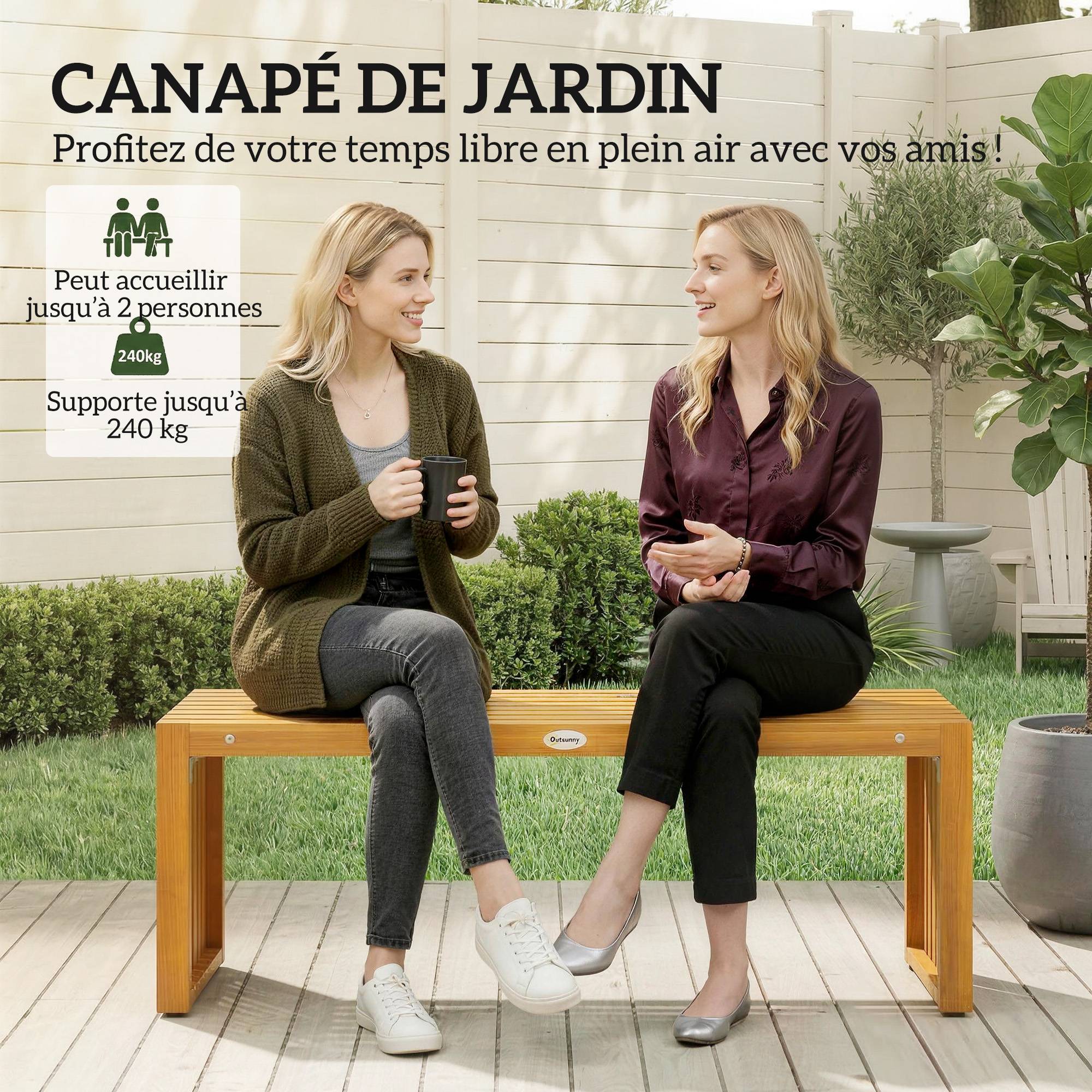 Banc de Jardin en Bois d'Acacia sans Dossier 2 Places, Assise à Lattes Effet Bois, 110x30x45cm, Bois naturel - Image 6