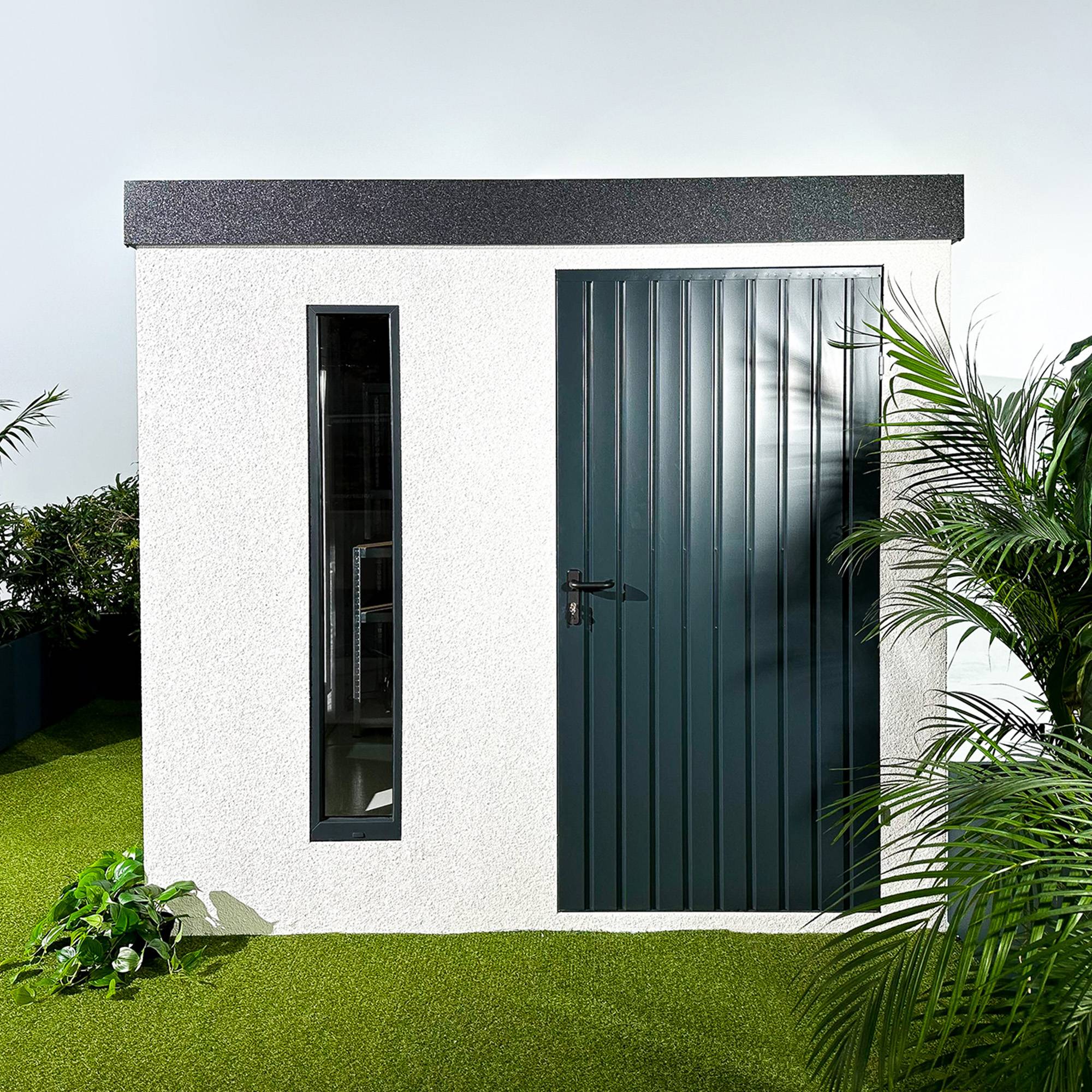 Abri de jardin en métal finition crépi 2500 x 3560 mm blanc avec auvent à droite 1000 x 3560 mm anthracite - Image 2
