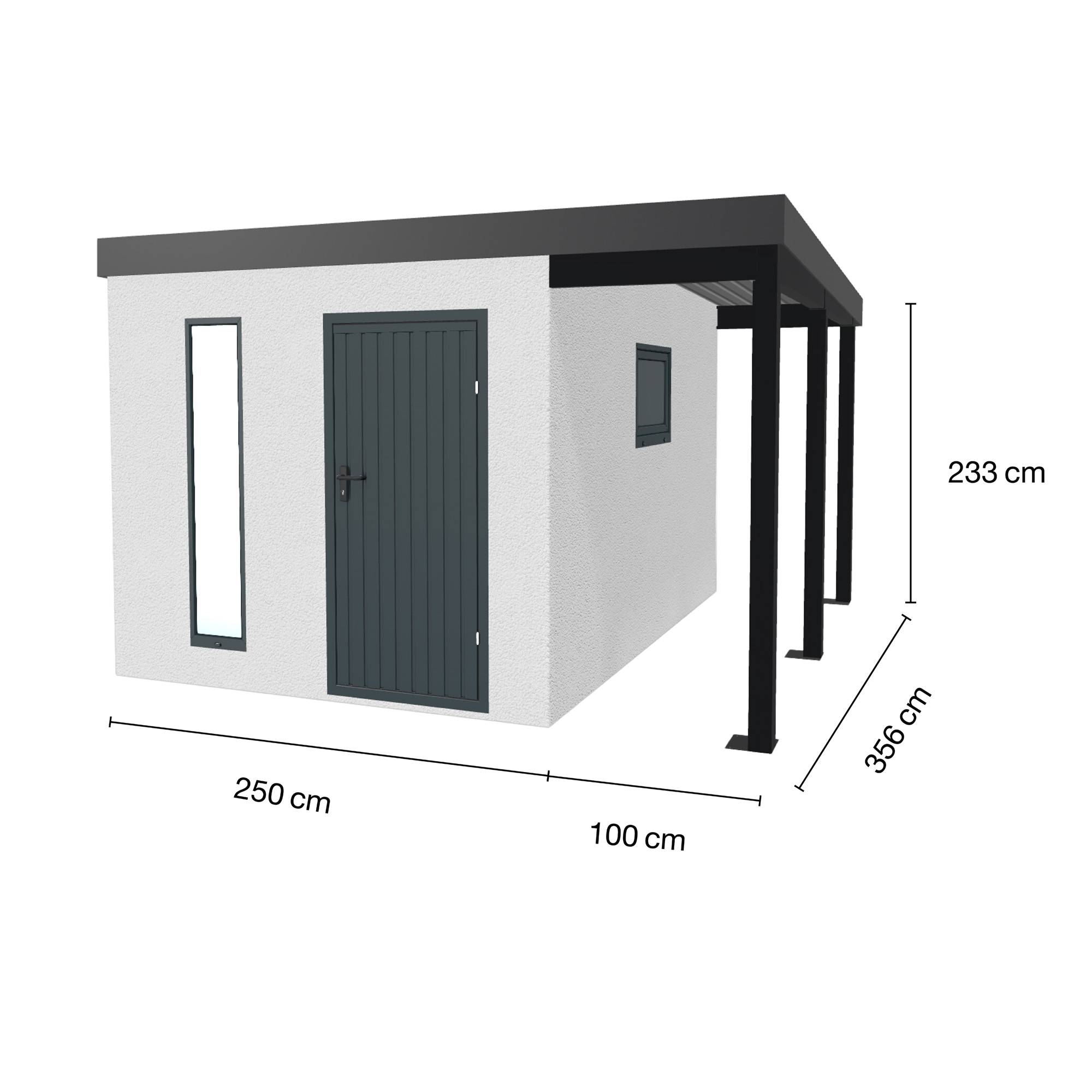 Abri de jardin en métal finition crépi 2500 x 3560 mm blanc avec auvent à droite 1000 x 3560 mm anthracite - Image 1