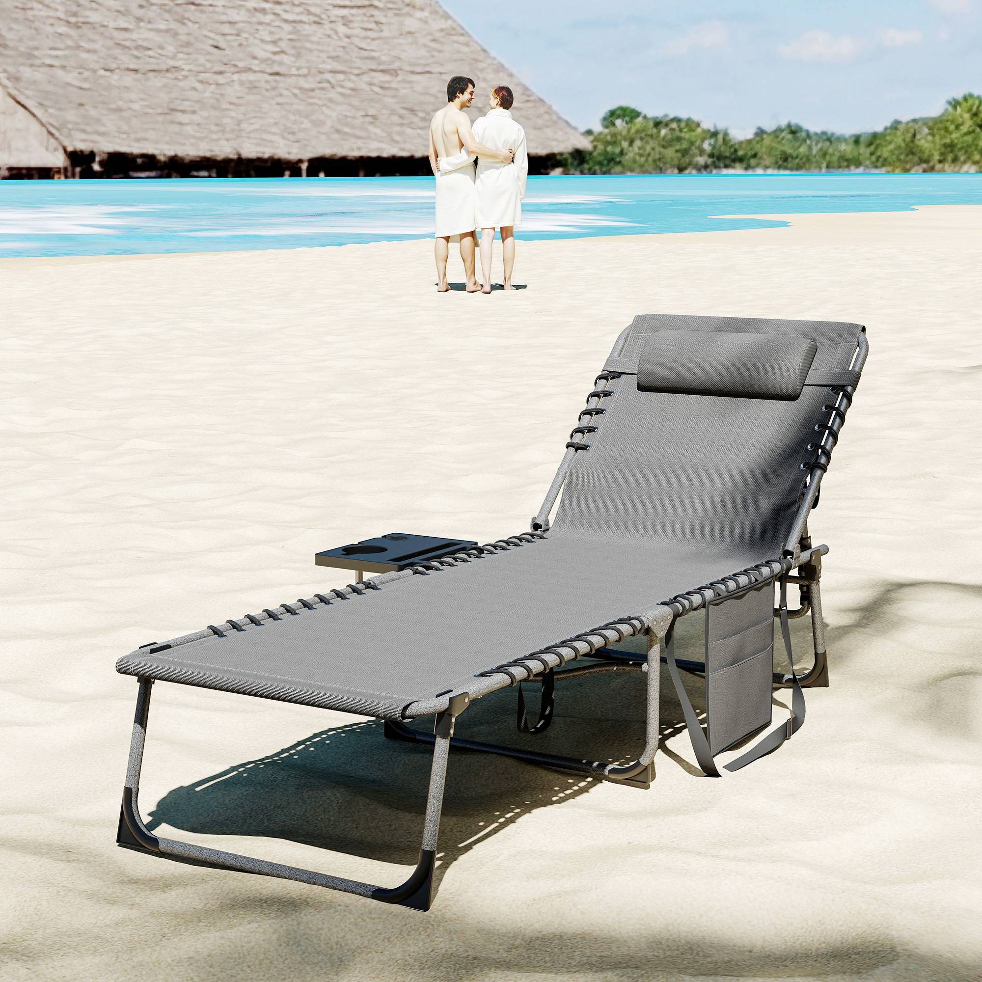 Transat pliant avec dossier réglable, appui-tête, poche latérale, tablette et structure en acier, 190 x 60 x 31 cm, gris - Image 10