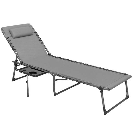 Transat pliant avec dossier réglable, appui-tête, poche latérale, tablette et structure en acier, 190 x 60 x 31 cm, gris - Image 1