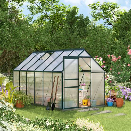 Grande serre de jardin rigide en polycarbonate structure aluminium pour hivernage cultures 190x375x199cm vert - Image 4