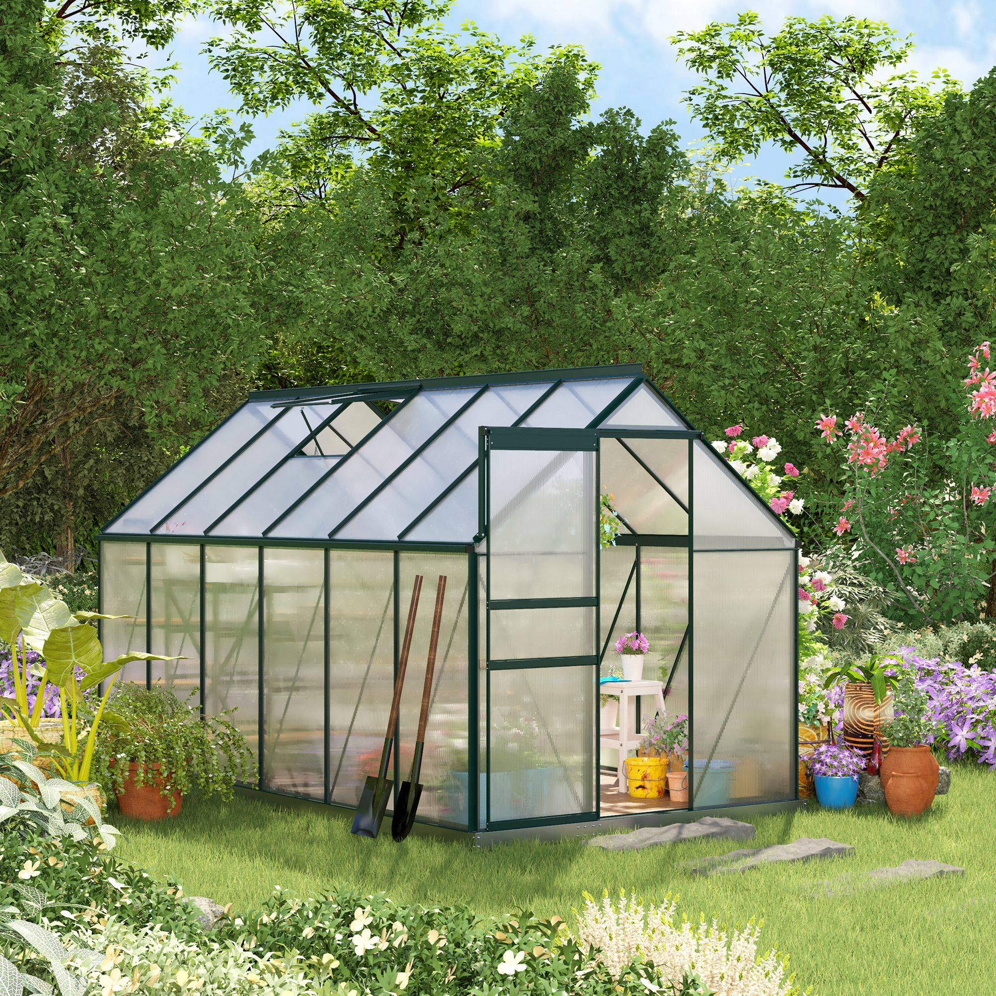 Grande serre de jardin rigide en polycarbonate structure aluminium pour hivernage cultures 190x375x199cm vert - Image 4