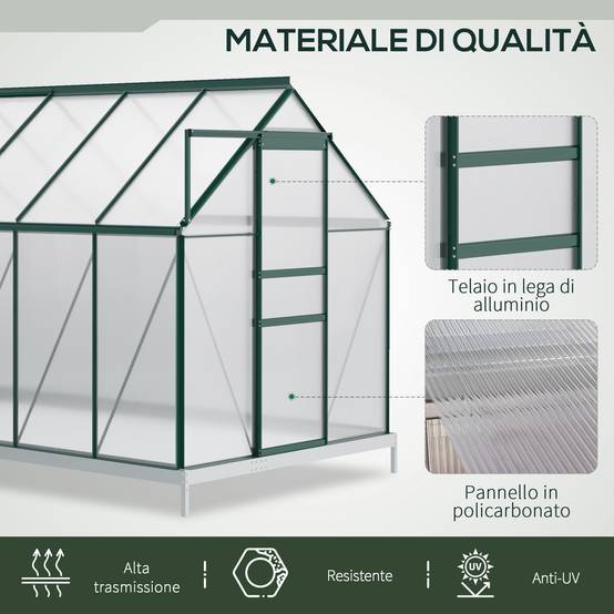 Grande serre de jardin rigide en polycarbonate structure aluminium pour hivernage cultures 190x375x199cm vert - Image 6