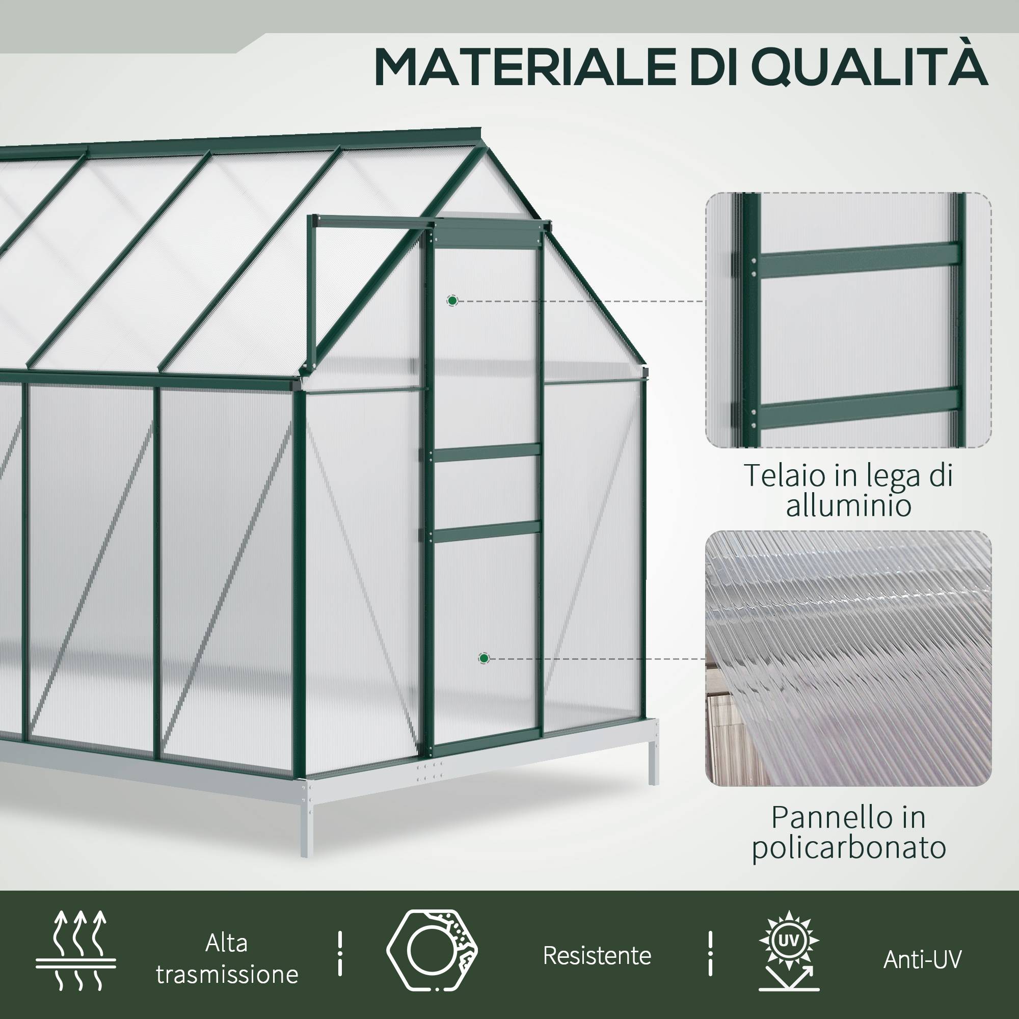 Grande serre de jardin rigide en polycarbonate structure aluminium pour hivernage cultures 190x375x199cm vert - Image 6