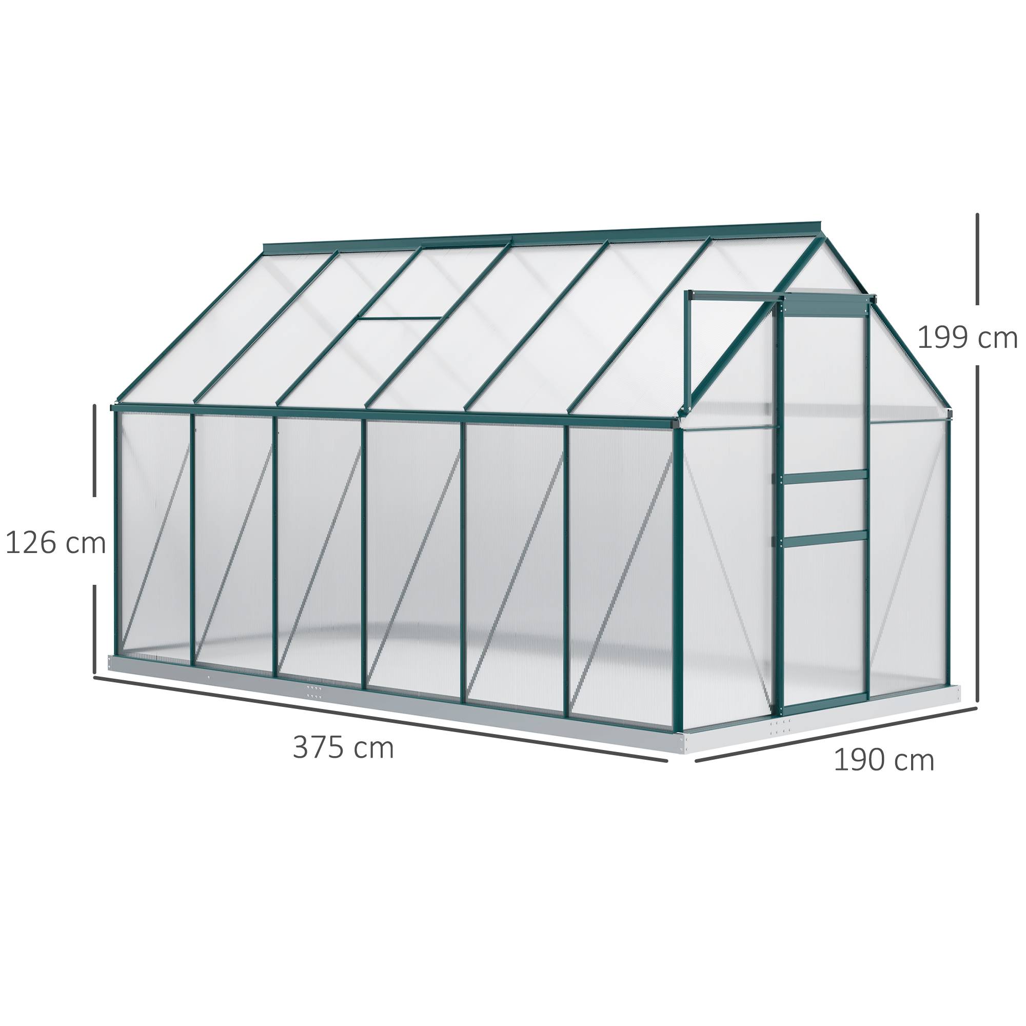 Grande serre de jardin rigide en polycarbonate structure aluminium pour hivernage cultures 190x375x199cm vert - Image 5